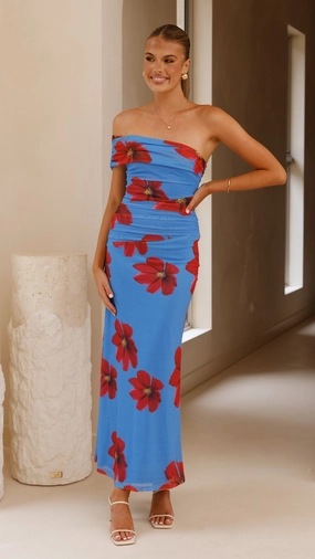 Cool Undertone Modest Look Eisa One Shoulder Maxi Dress - Blue / Red Floral