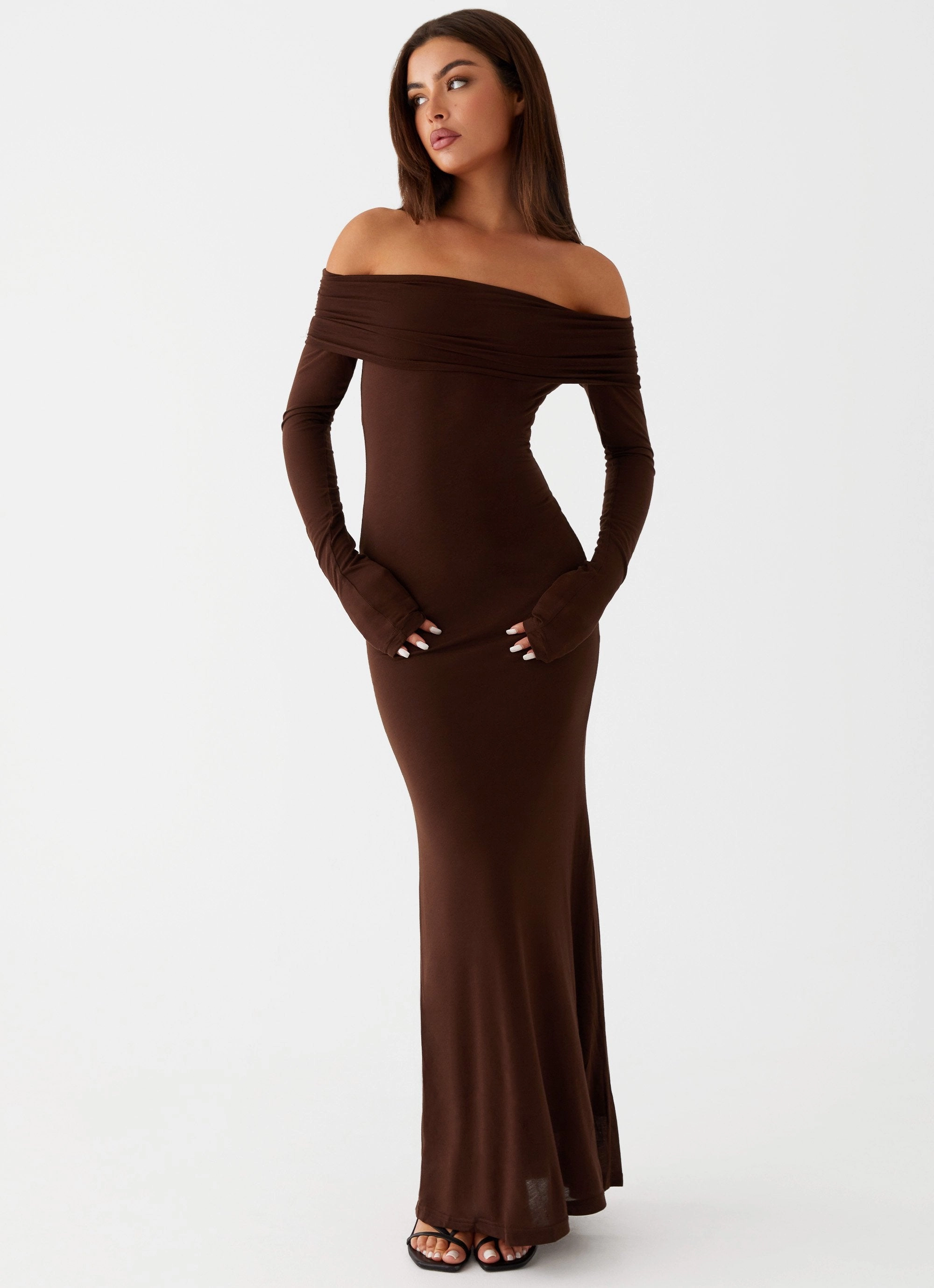 Cocoa Long Sleeve Maxi Dress - Chocolate Vibrant Design Natural Light