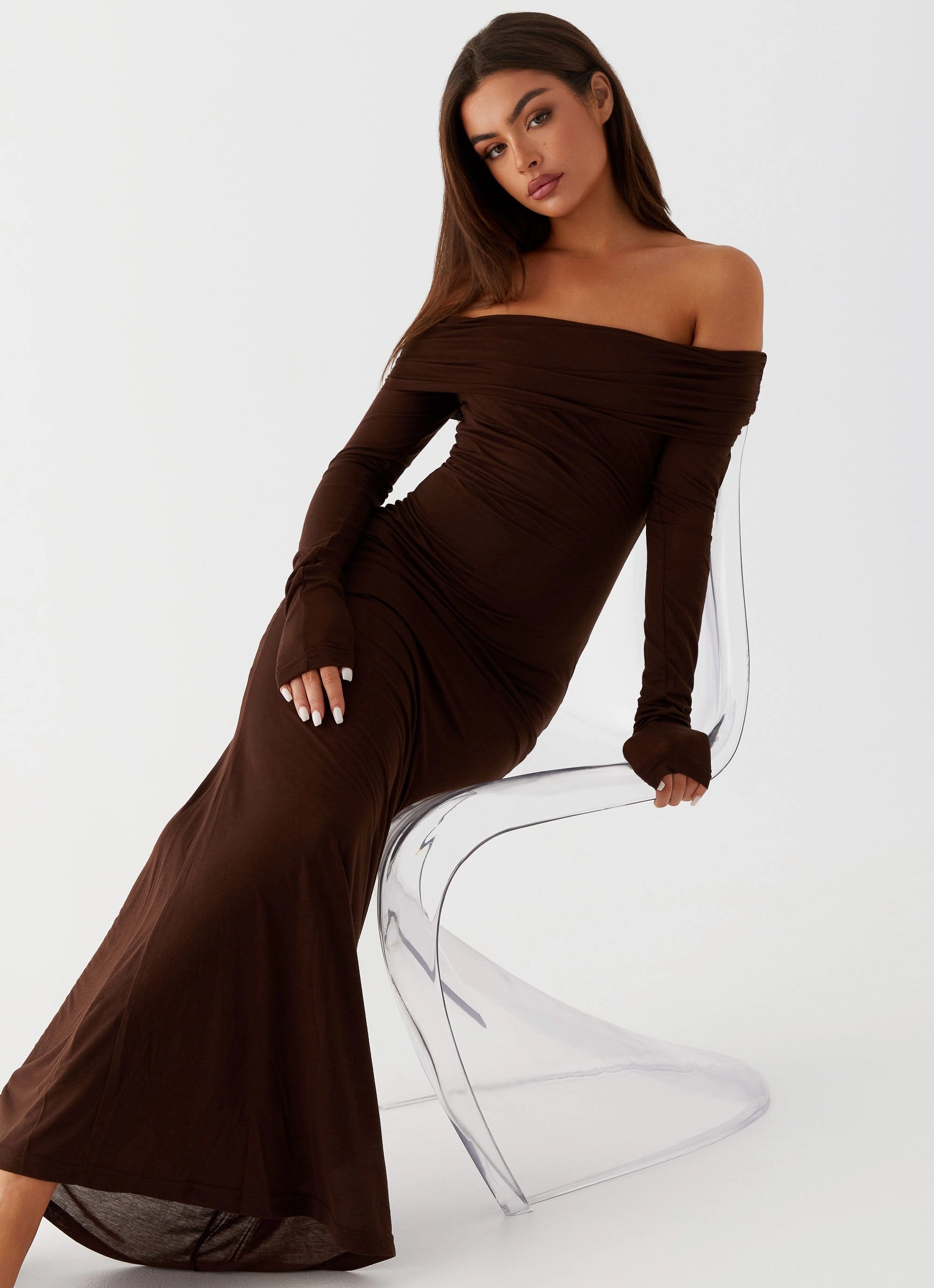 Cocoa Long Sleeve Maxi Dress - Chocolate Ruffle-Detail Layered Comfort Wear