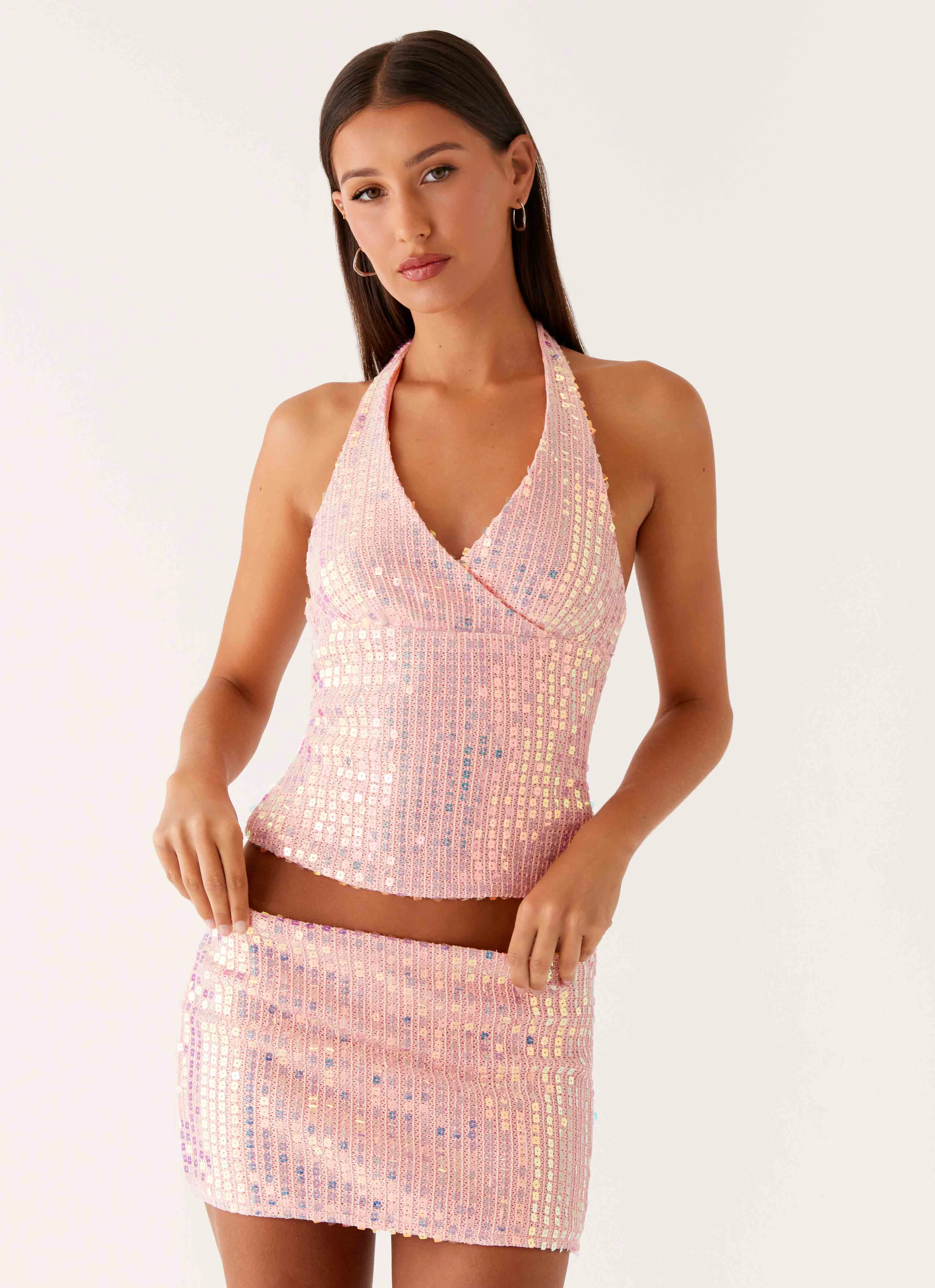 Hemp Blend Been That Girl Knit Sequin Mini Skirt - Iridescent Pink