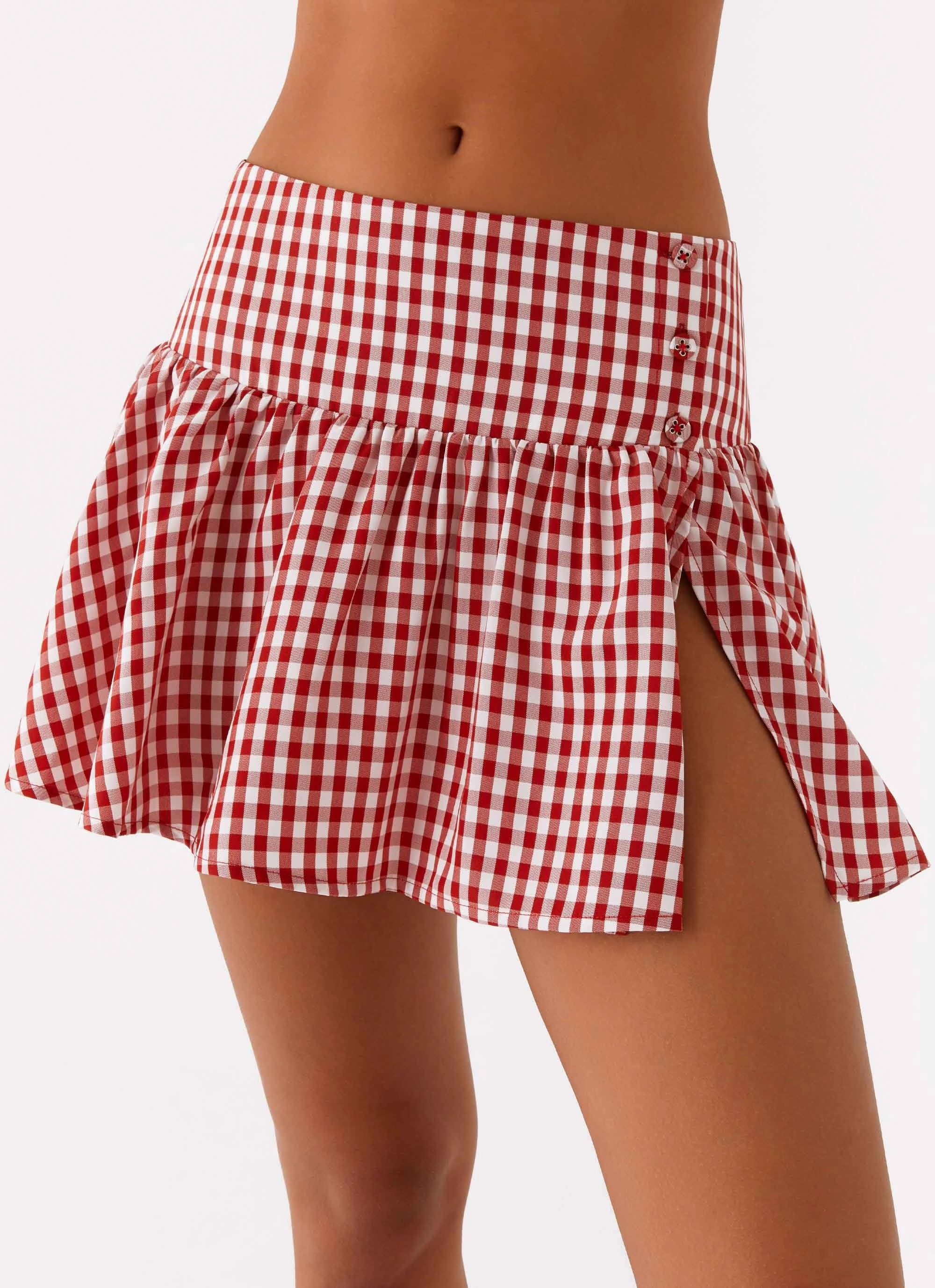 Wrinkle Resistant Asymmetrical Cut Bellamy Mini Skirt - Red Gingham