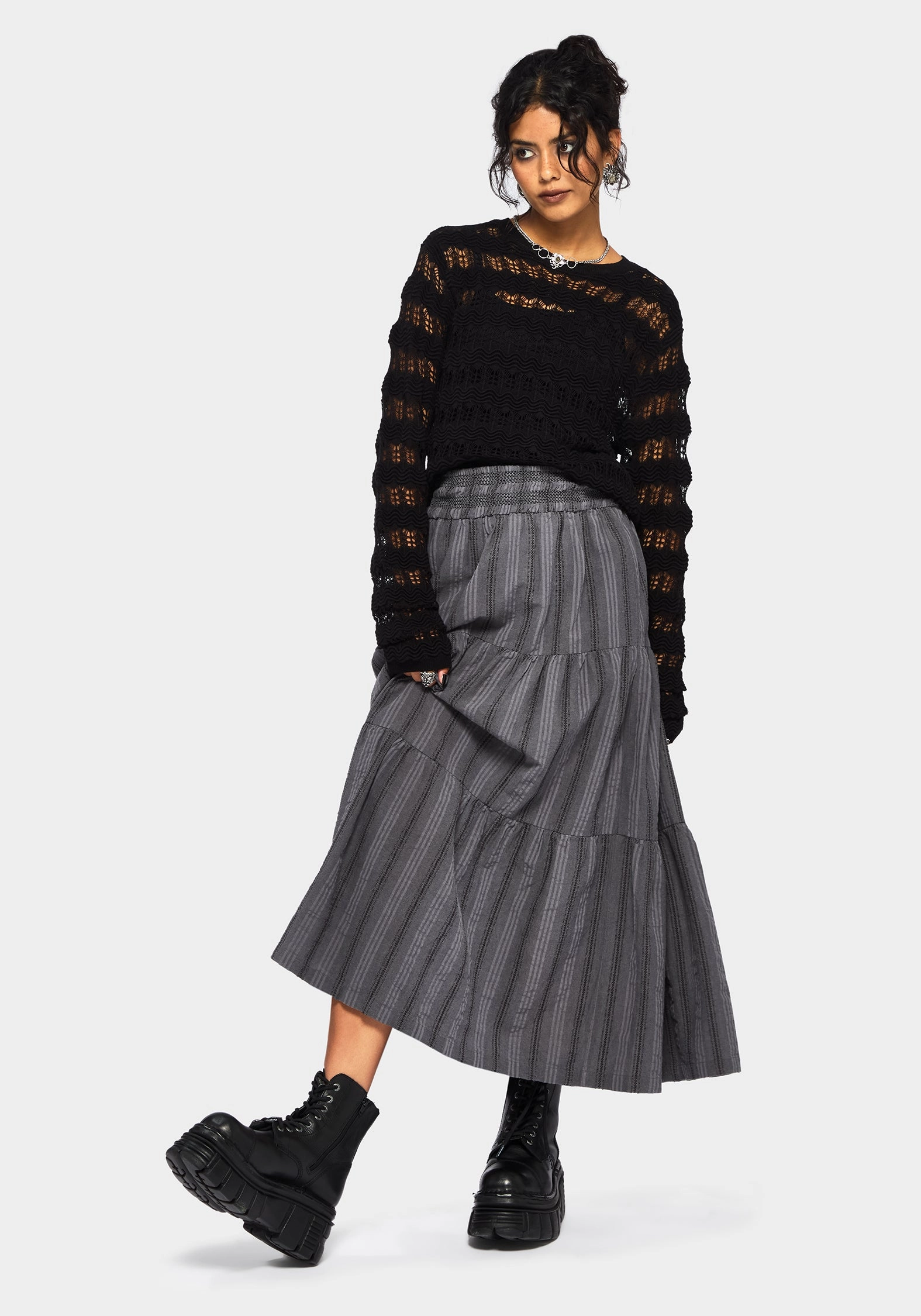Grove Cotton Stripe Tiered Midaxi Skirt Refined Sophistication