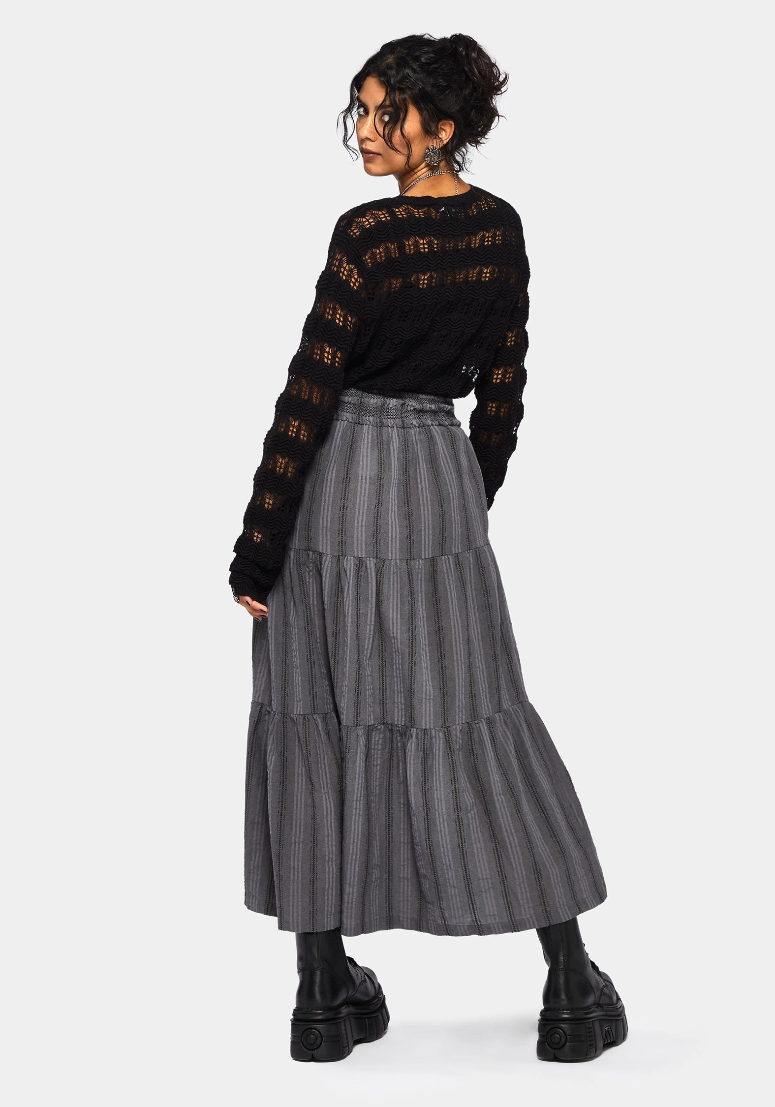 Grove Cotton Stripe Tiered Midaxi Skirt Sharp Look perforated design