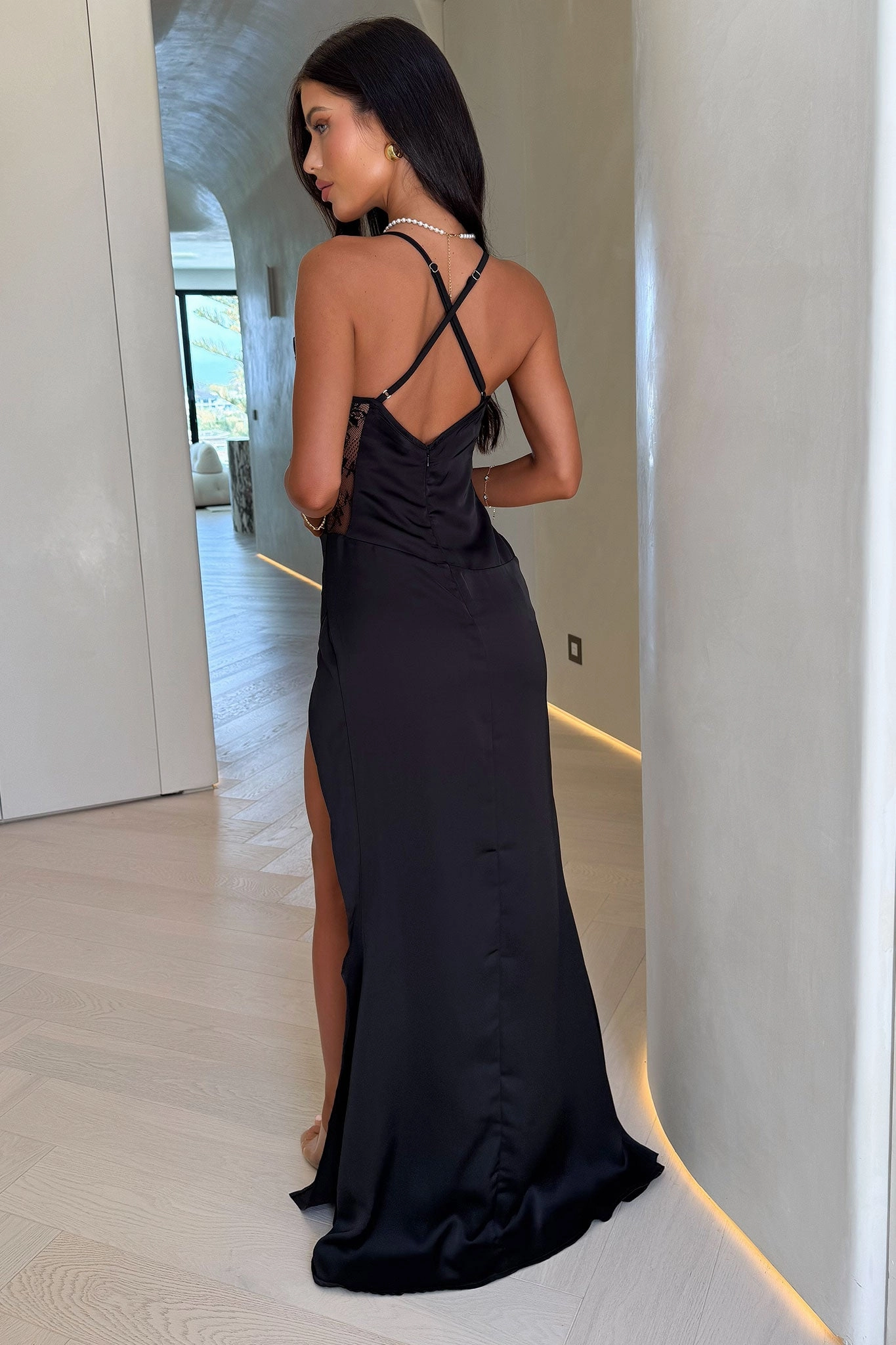 Collar Accent Sonnet Satin Maxi Dress - Black