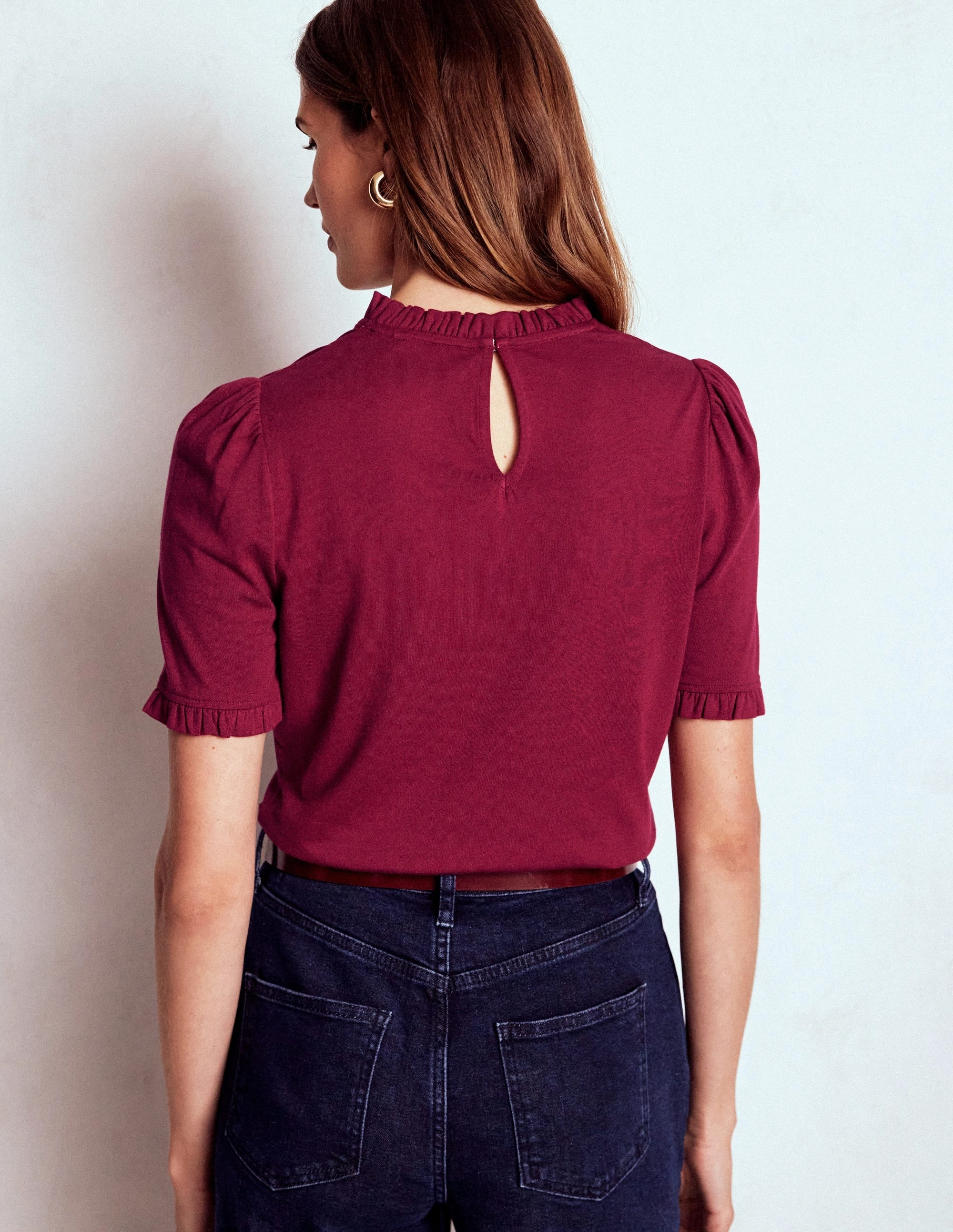 Interlock Weave Fray Resistant Edges Supersoft Frill Detail T-shirt-Burgundy Red