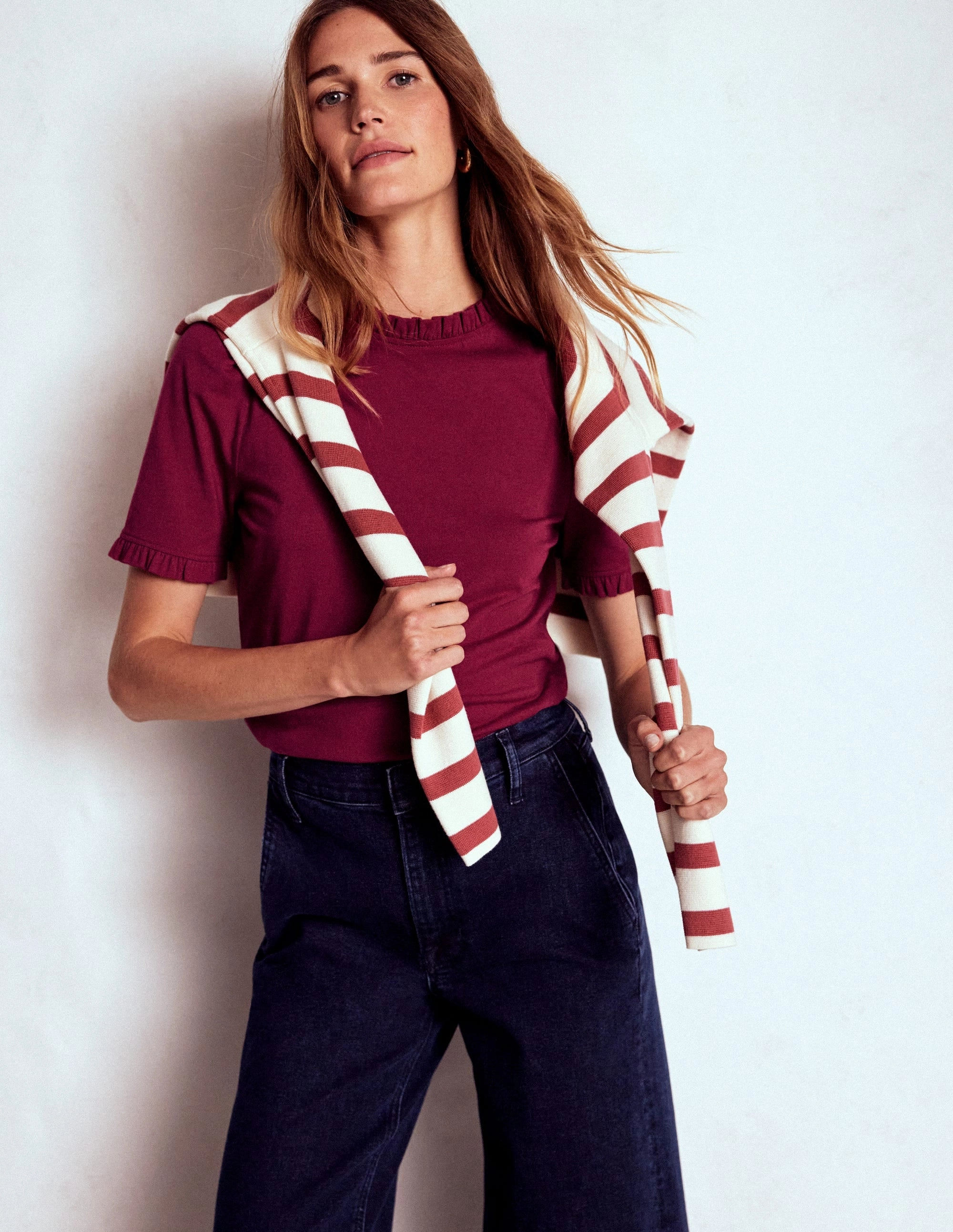 Printed T-shirt Supersoft Frill Detail T-shirt-Burgundy Red