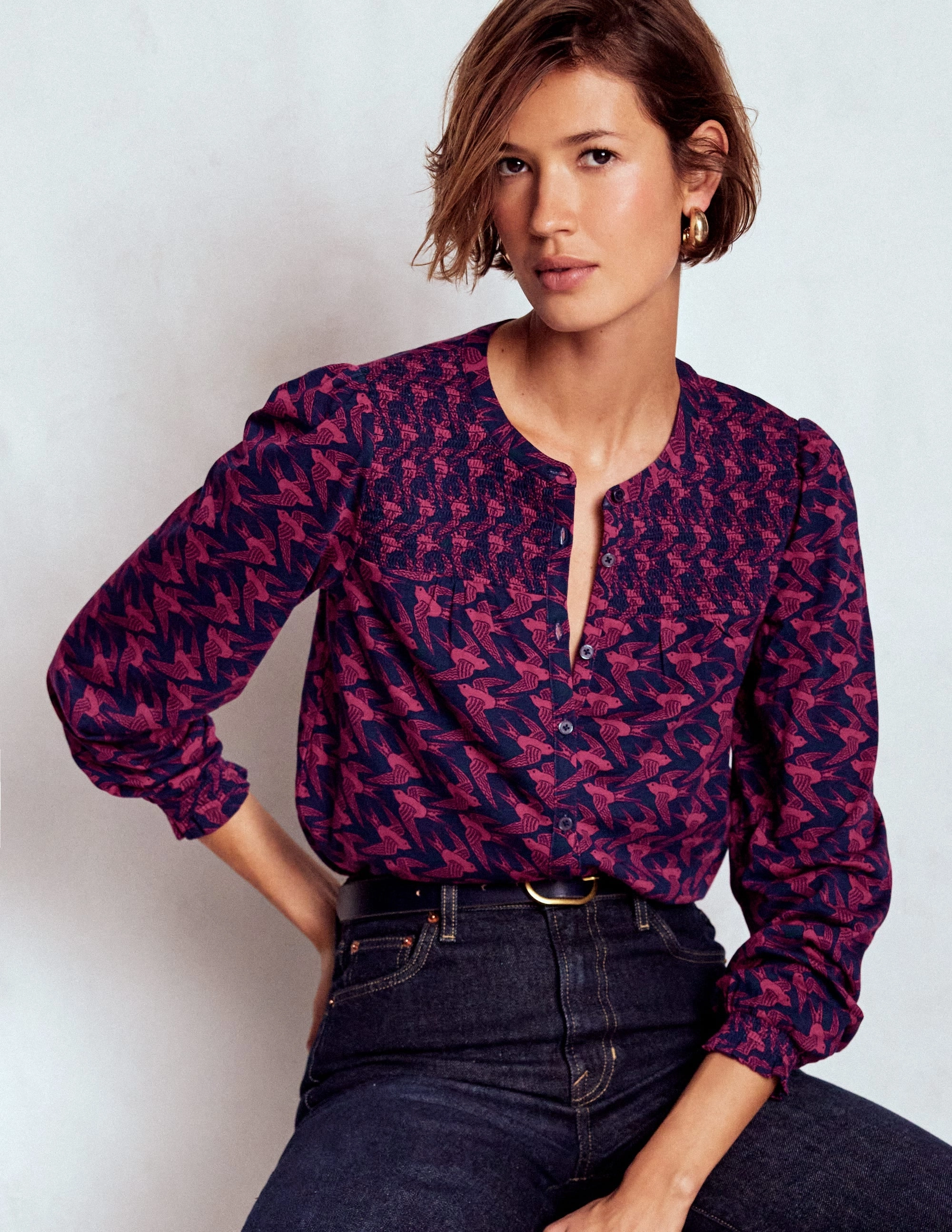 Bohemian style Elsa Smocked Yoke Jersey Shirt-French Navy, Swooping Swallow