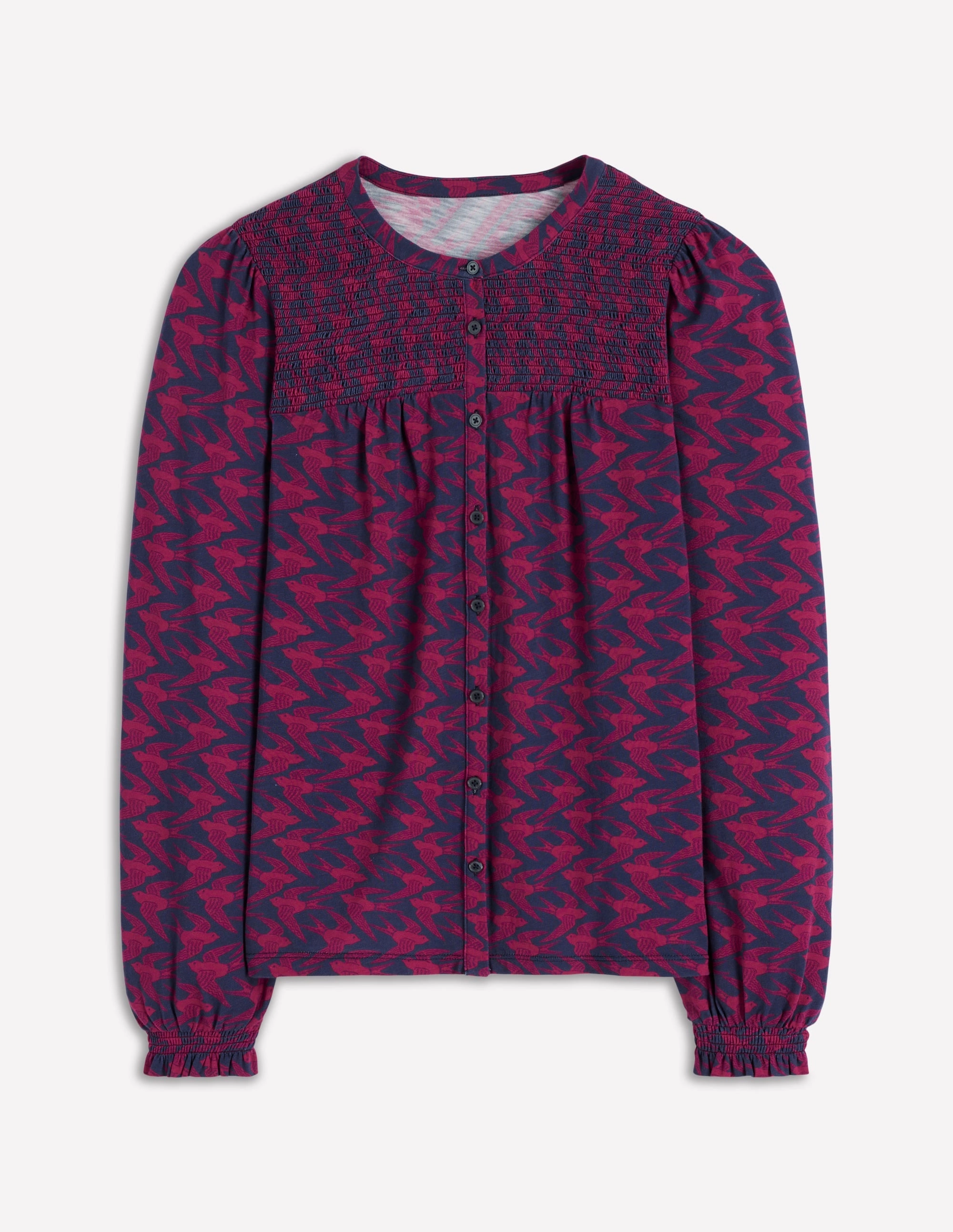Elsa Smocked Yoke Jersey Shirt-French Navy, Swooping Swallow Loose cut
