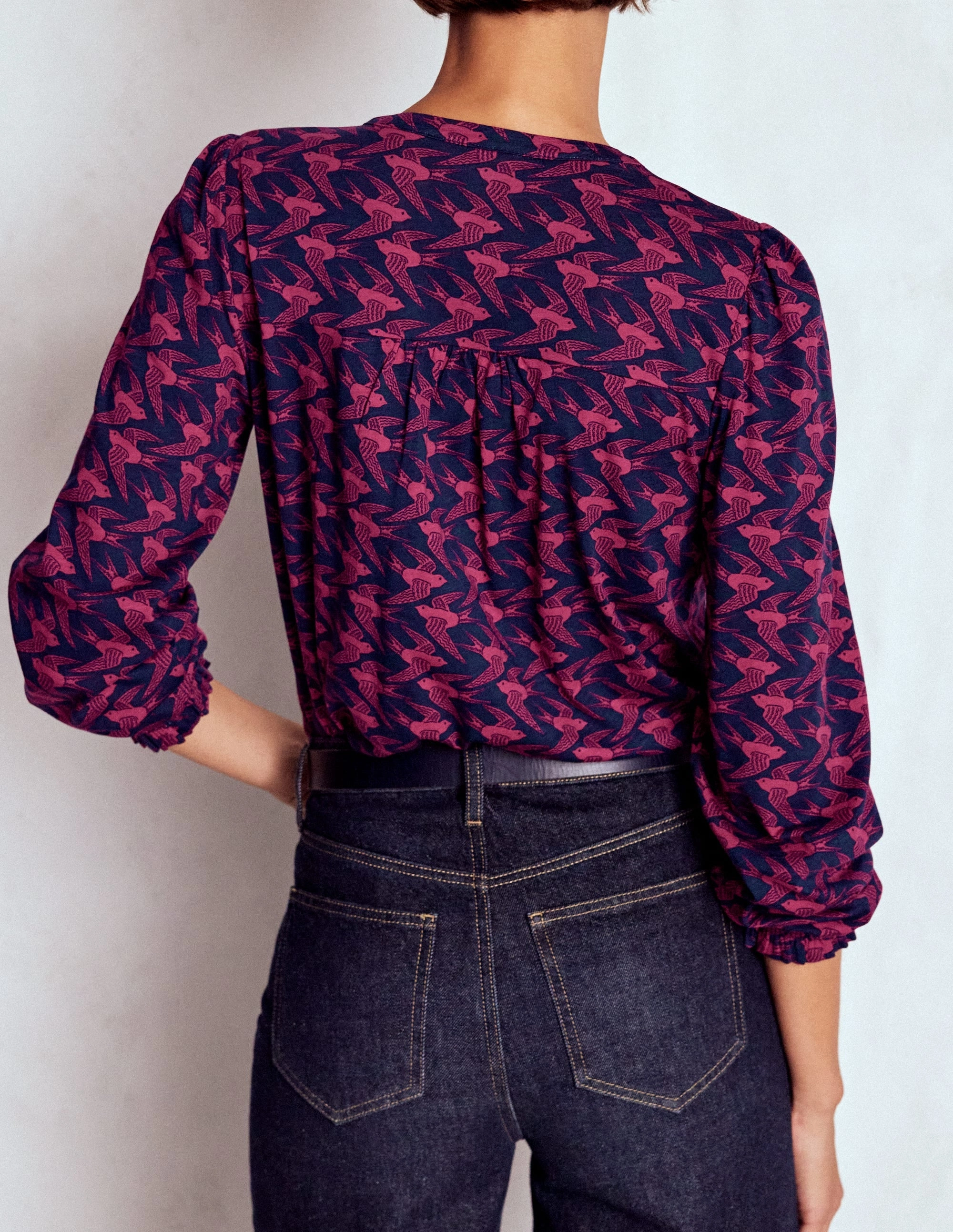 Elsa Smocked Yoke Jersey Shirt-French Navy, Swooping Swallow AllDay Comfort Design NonIrritating Stitching