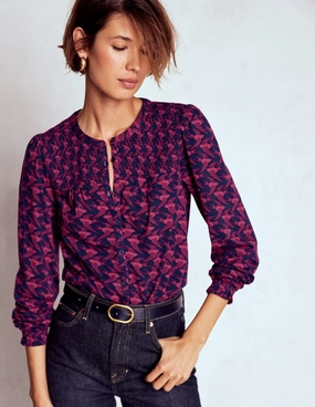 Elsa Smocked Yoke Jersey Shirt-French Navy, Swooping Swallow Minimalist Silhouette Cut