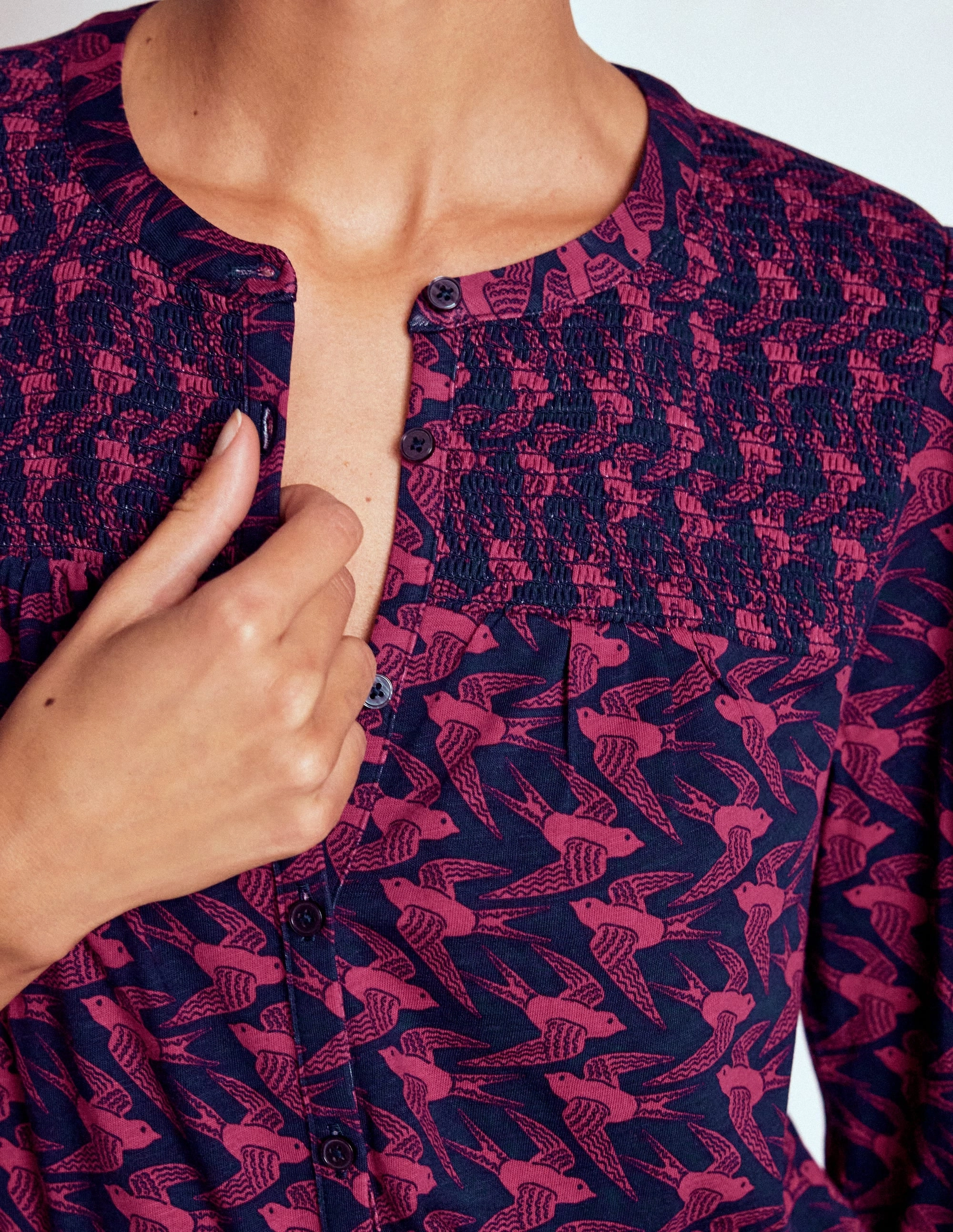 Elsa Smocked Yoke Jersey Shirt-French Navy, Swooping Swallow Lightweight Jacket