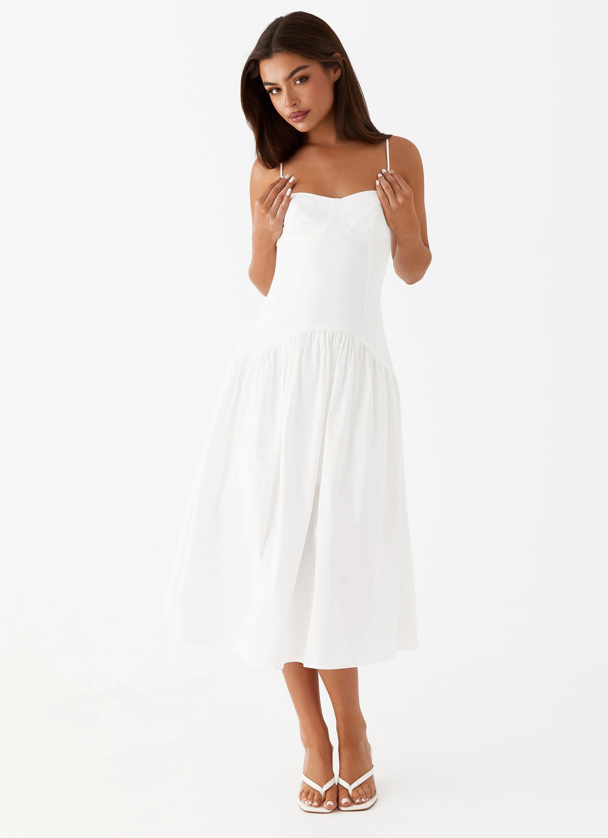 Satin-Finish Elegant brunch outfit Yvette Corset Midi Dress - White