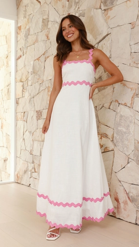 Trendy Fit Flare Breeze Daleyza Maxi Dress - White / Pink