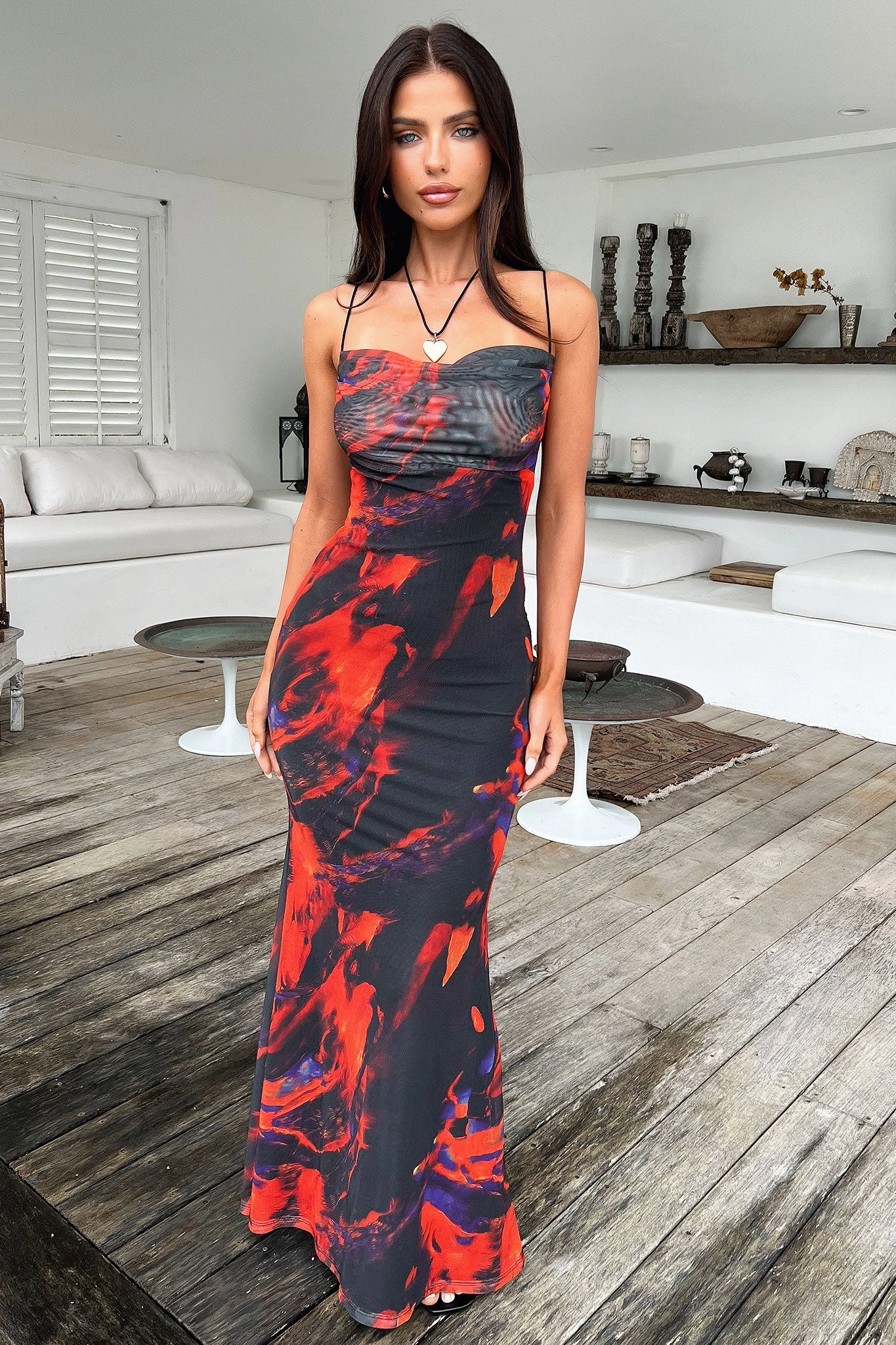 Contemporary Style Side-Pocket Barb Mesh Maxi Dress - Black/Red