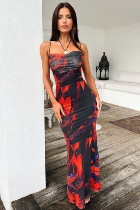 Barb Mesh Maxi Dress - Black/Red Fashionable Design