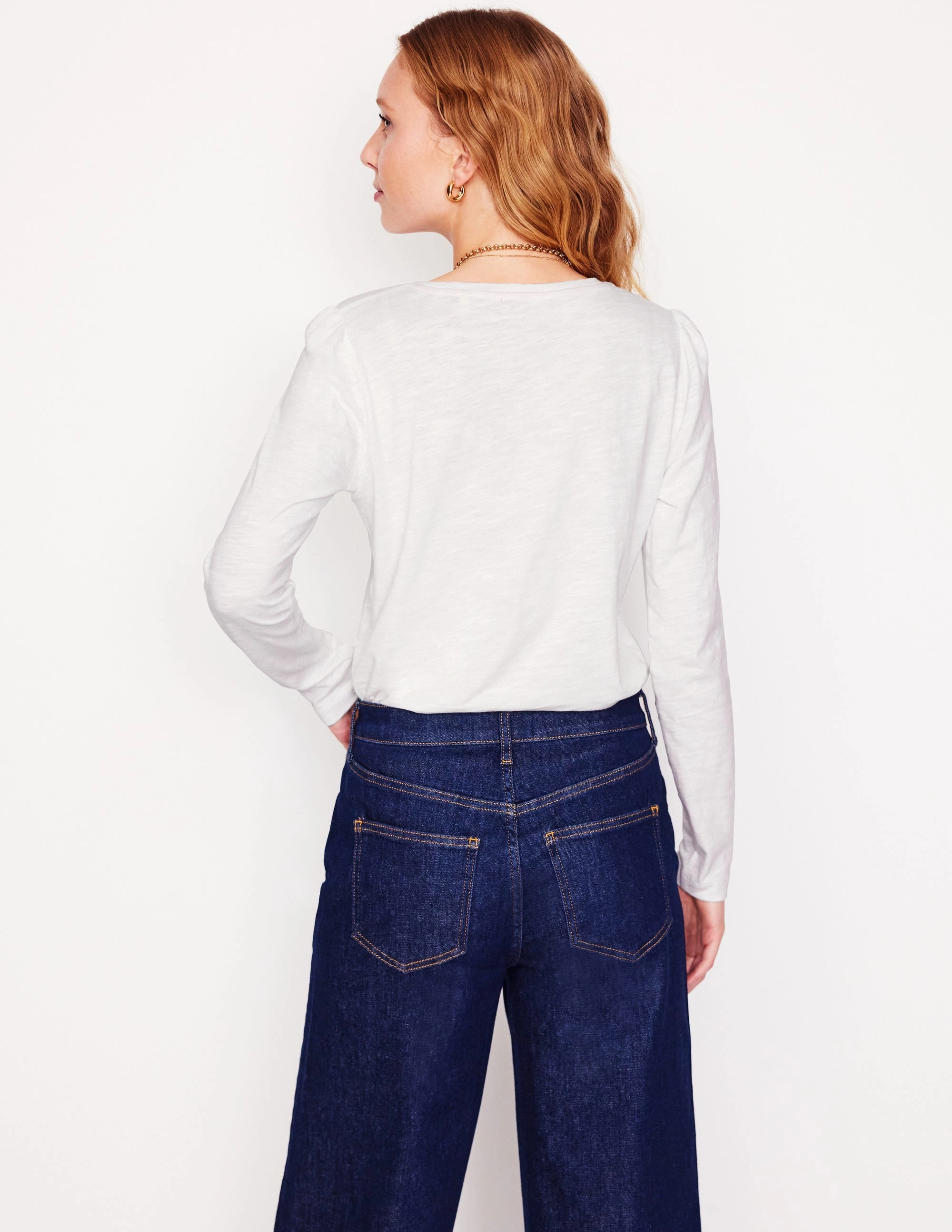 Cotton Crew Long Sleeve Top-White Trendy Shirt