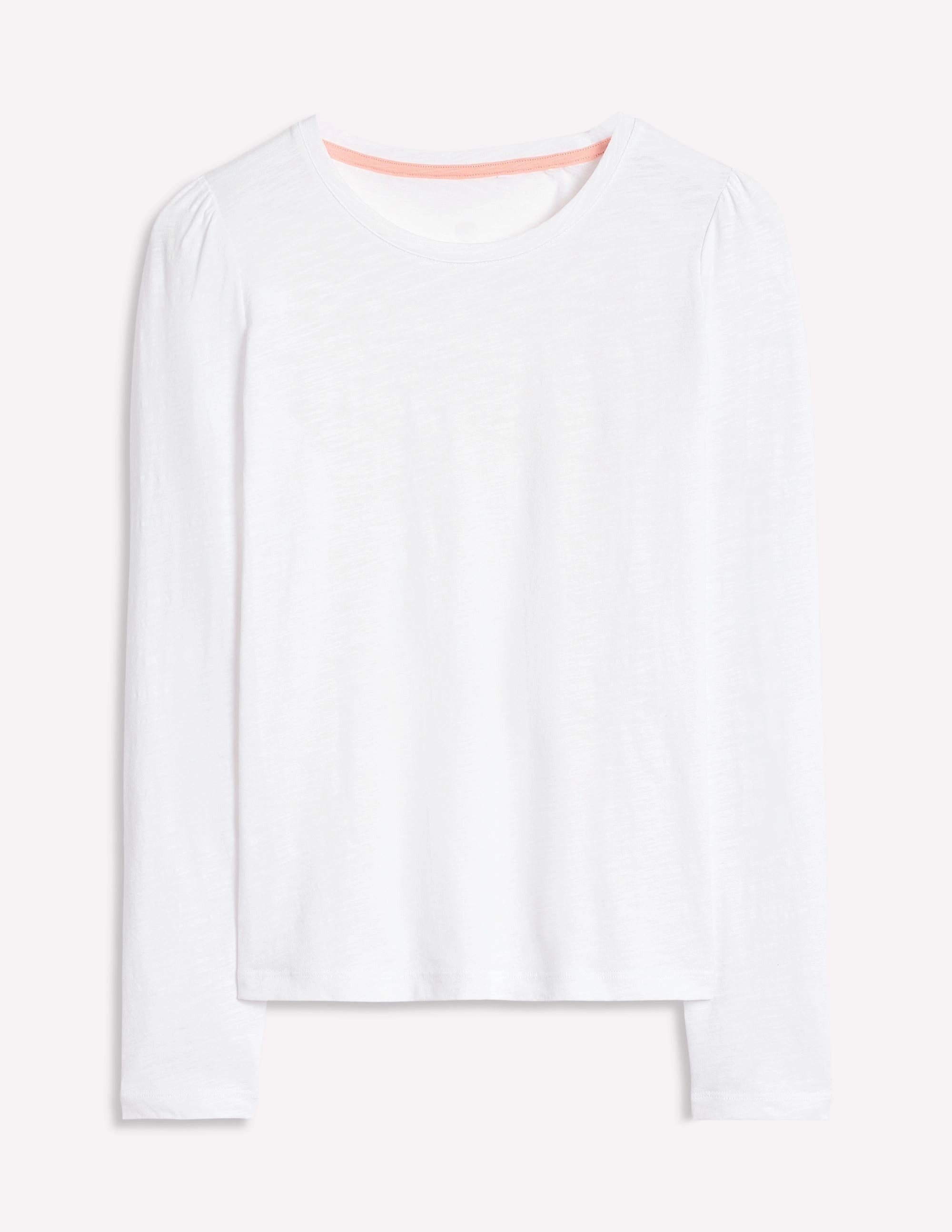Versatile Shirt Ribbed Hemline Cotton Crew Long Sleeve Top-White