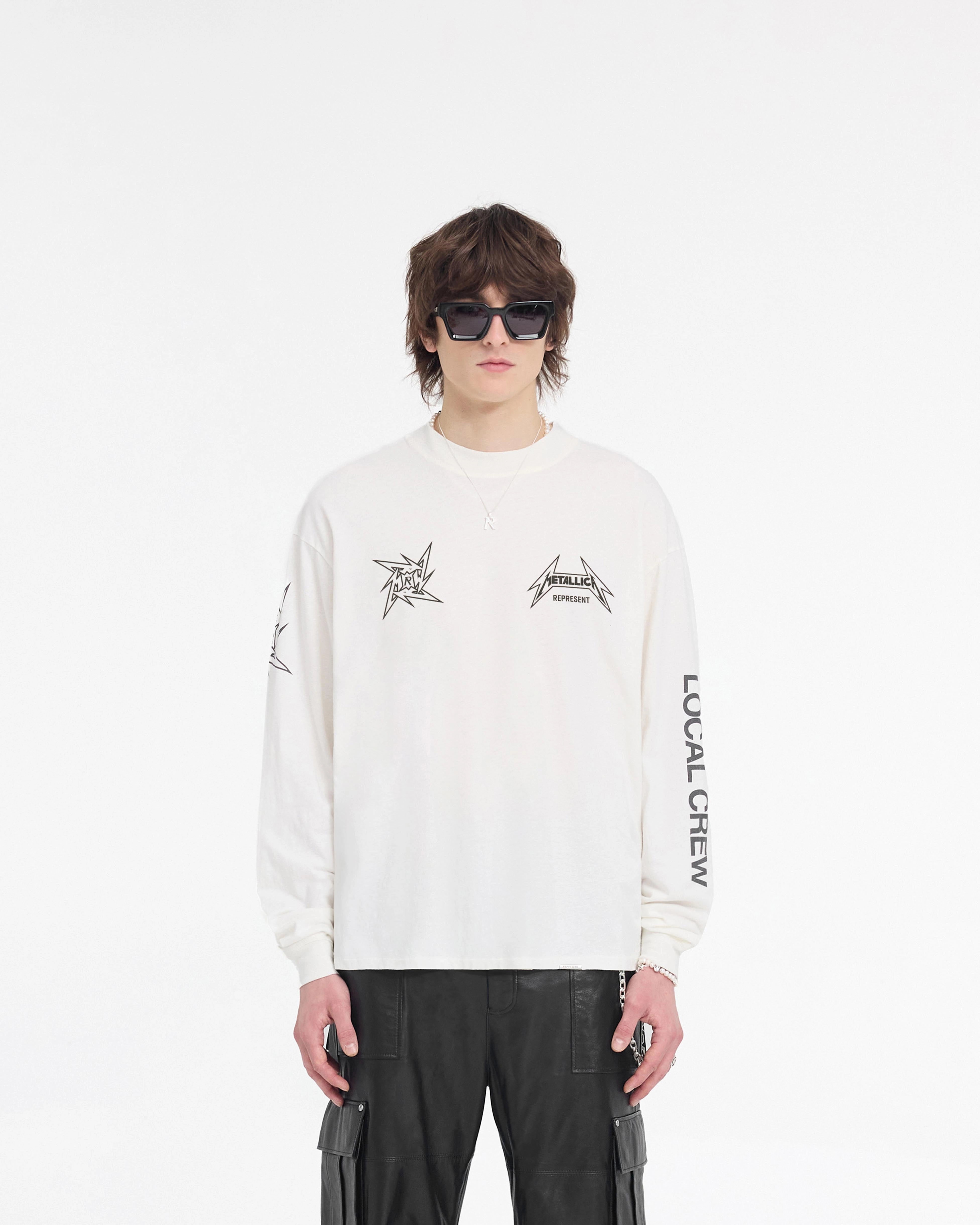 Layered Hem Design Casual Essential Wear Represent X Metallica Local Crew Long Sleeve T-Shirt - Flat White