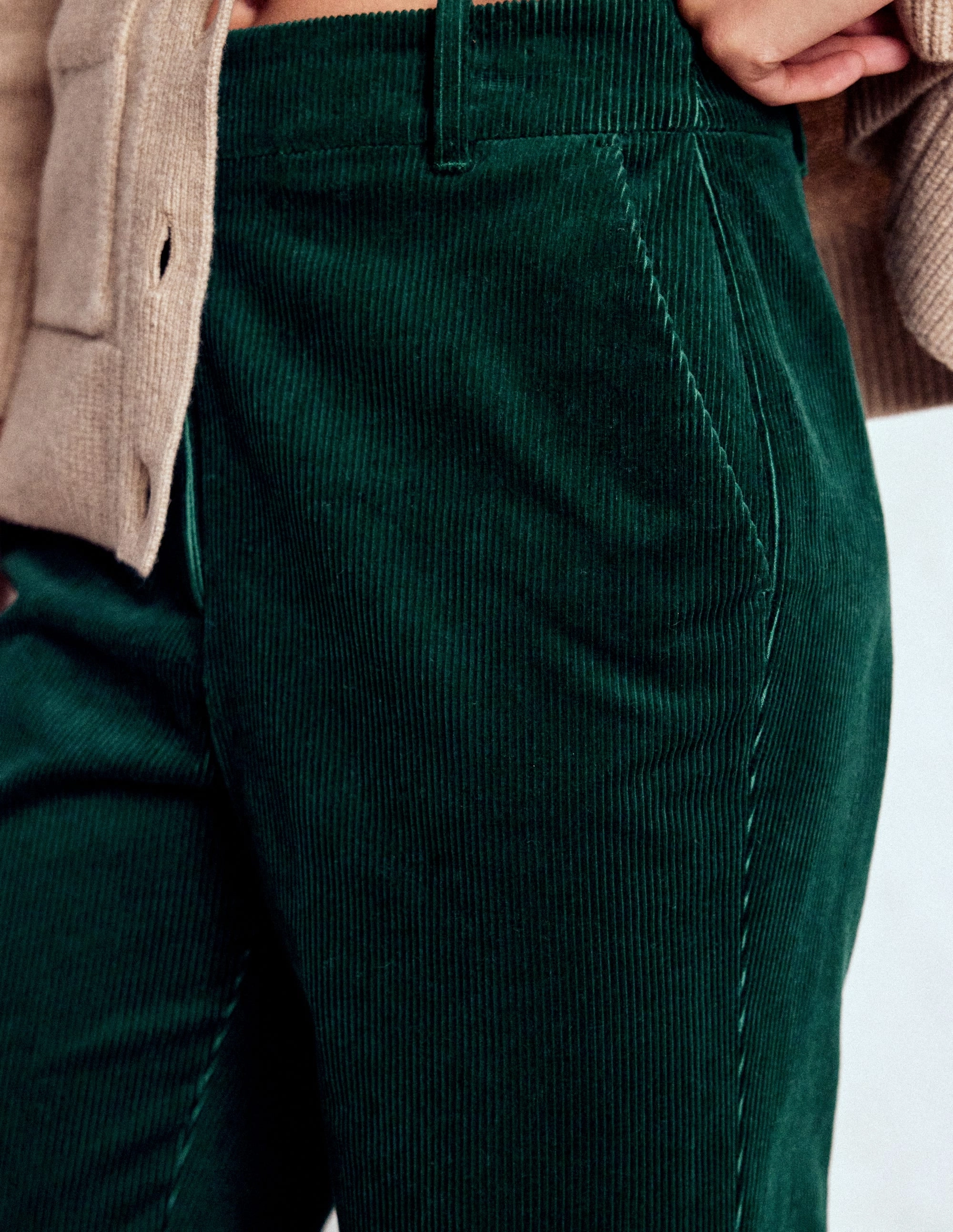 Canonbury Cord Trousers-Emerald Night No Gap Waist Construction