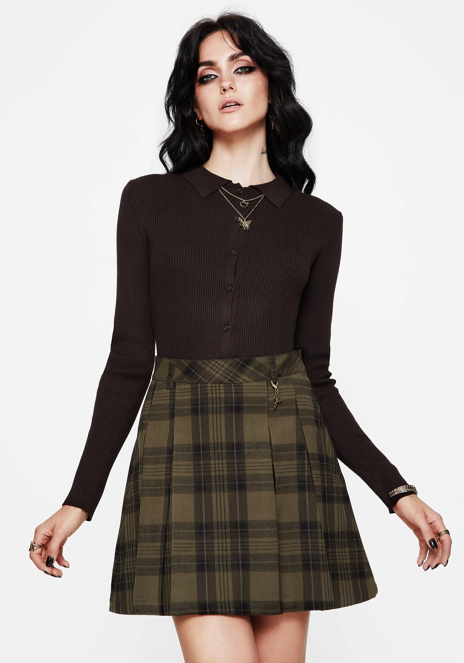 Craftsmanship Focus Cecily Check Pleated Mini Skirt With Frog Charm