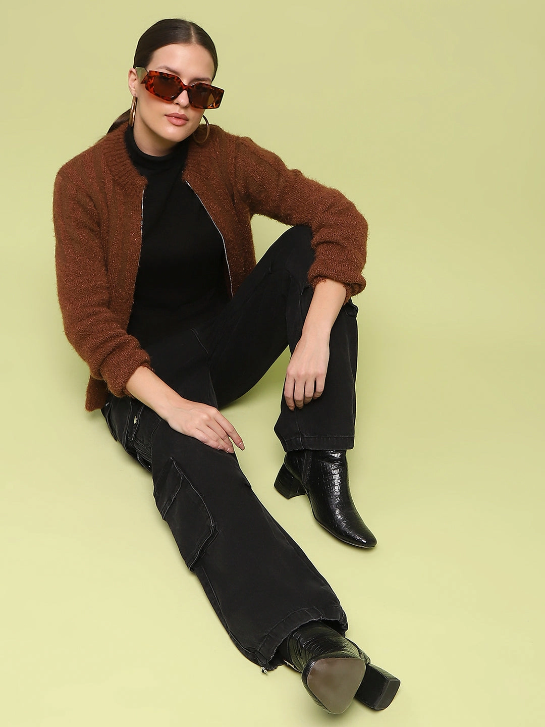 Madame Stripe Detailed Zipped Tan Sweater Layered Comfort Wear Stretch Flex