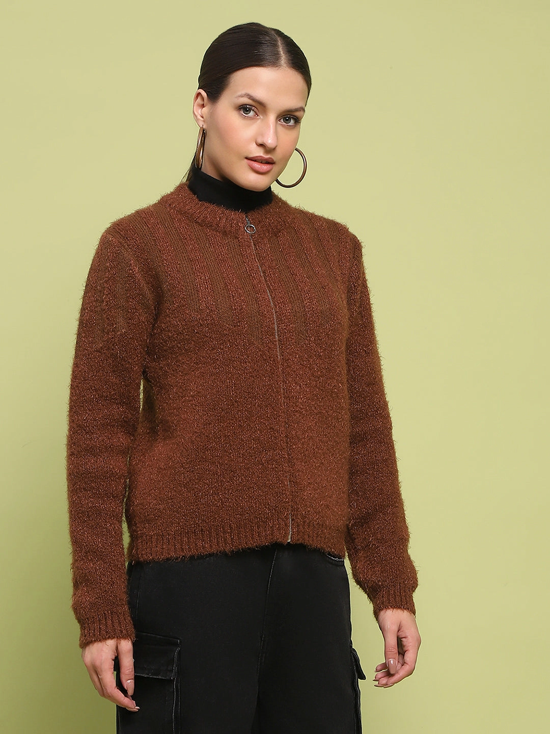 Madame Stripe Detailed Zipped Tan Sweater Functional Layers