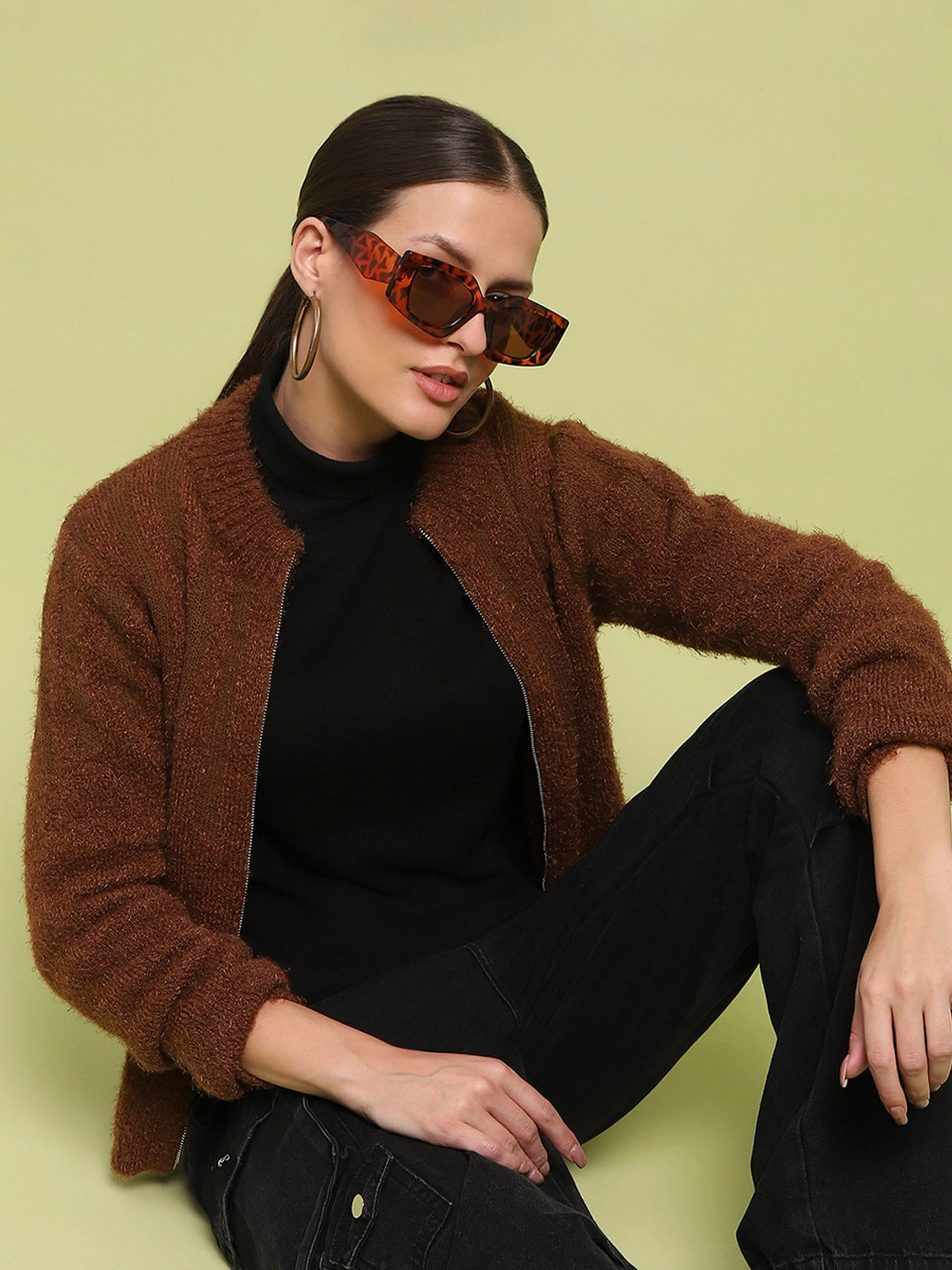 Madame Stripe Detailed Zipped Tan Sweater Non Irritating Seams