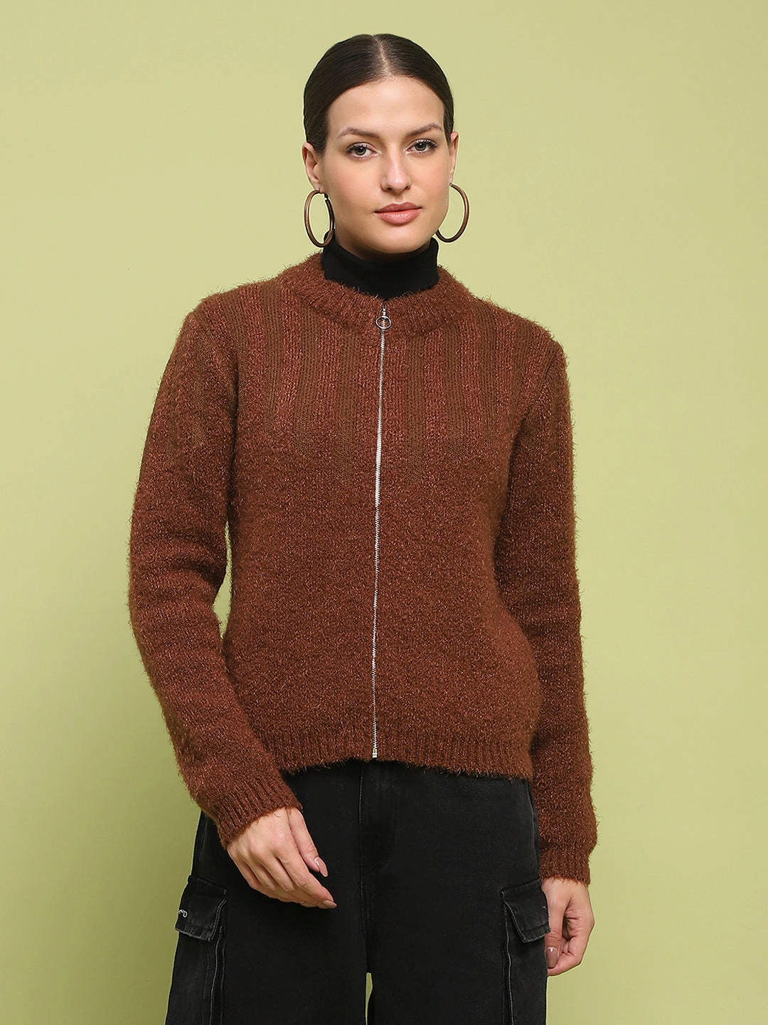 Madame Stripe Detailed Zipped Tan Sweater Ribbed Hem