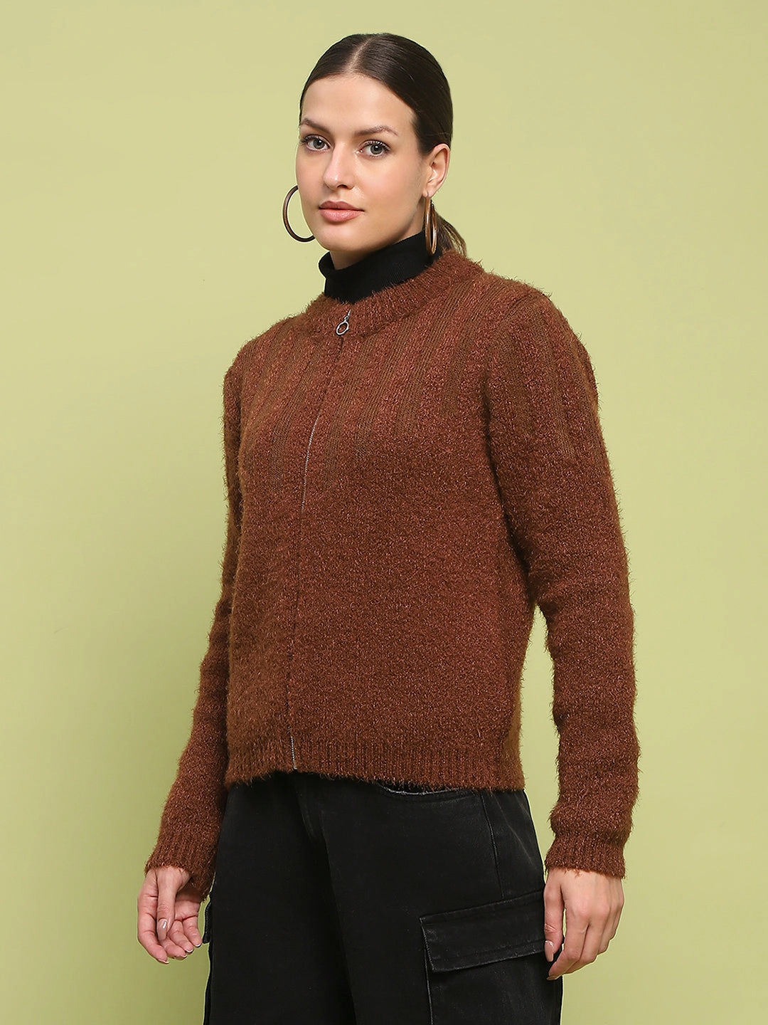 Trendy Layering Performance Layer Wear Madame Stripe Detailed Zipped Tan Sweater