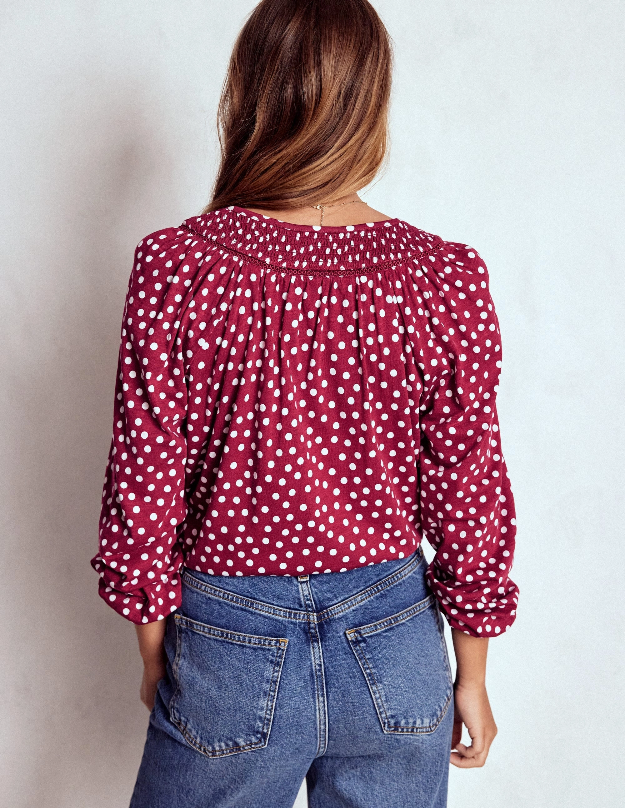 Organic Cotton Blend AntiStatic Treatment Georgia Smocked Jersey Top-Chestnut, Ivory Painted Dot
