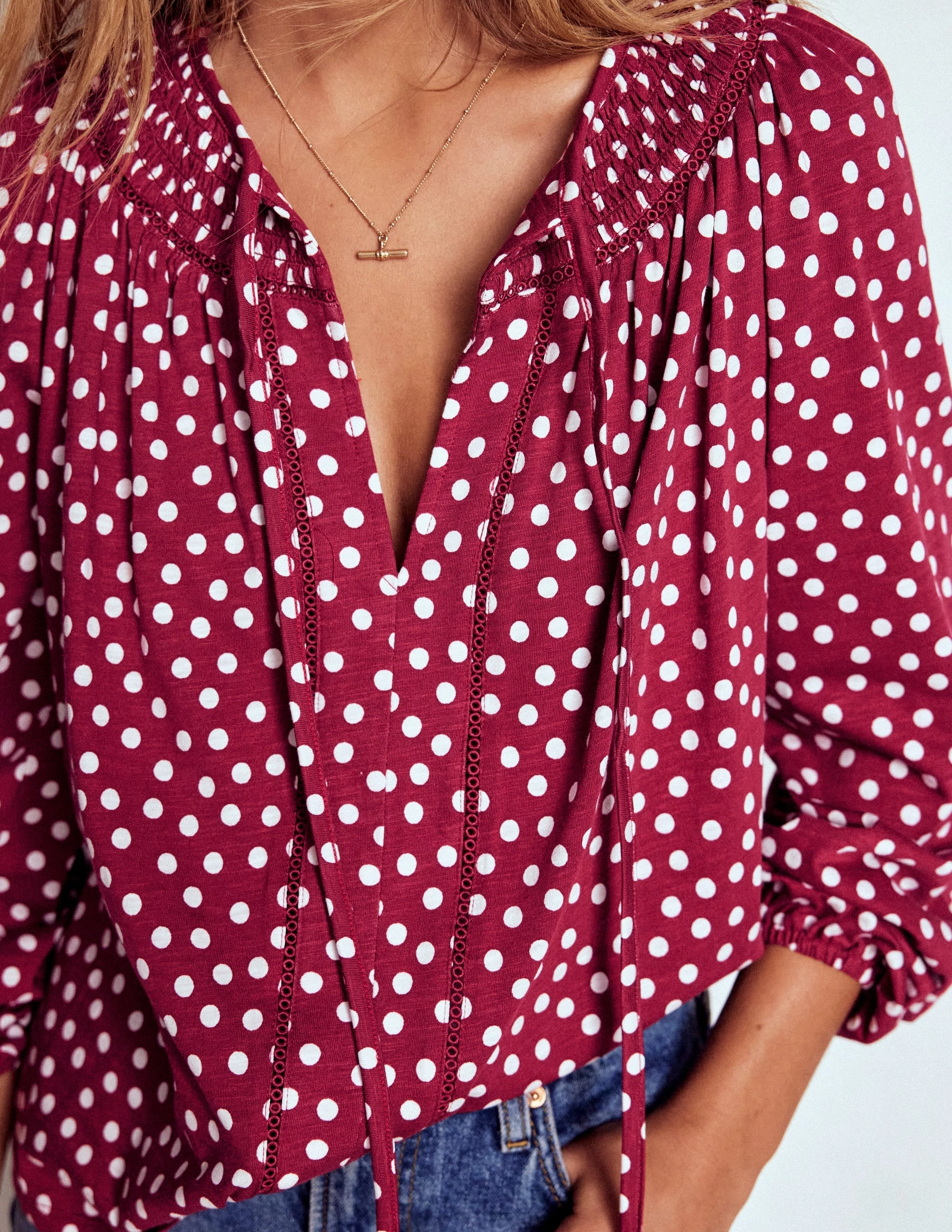 Georgia Smocked Jersey Top-Chestnut, Ivory Painted Dot Ergonomic Cut