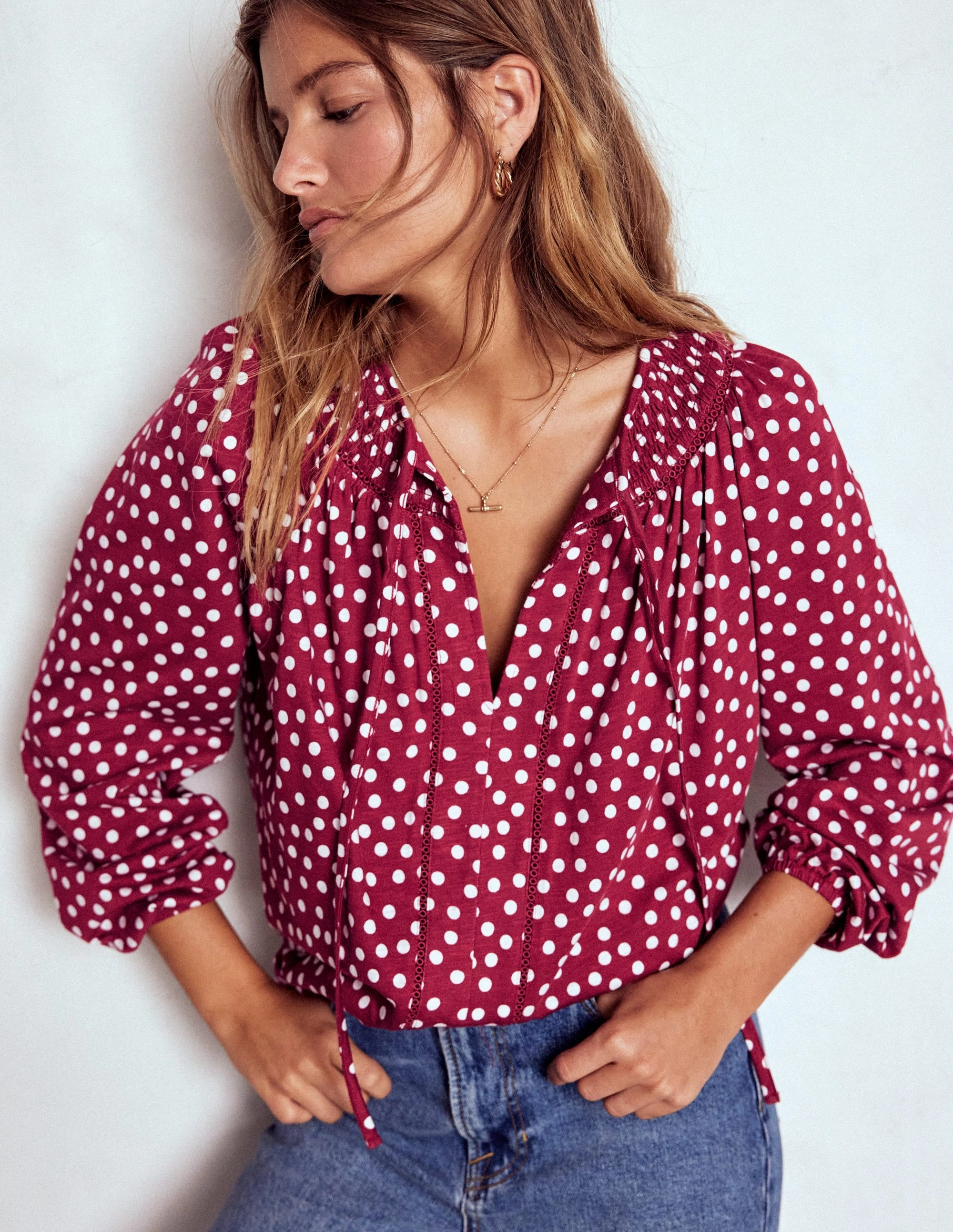 Georgia Smocked Jersey Top-Chestnut, Ivory Painted Dot Moisture Management CroppedLength