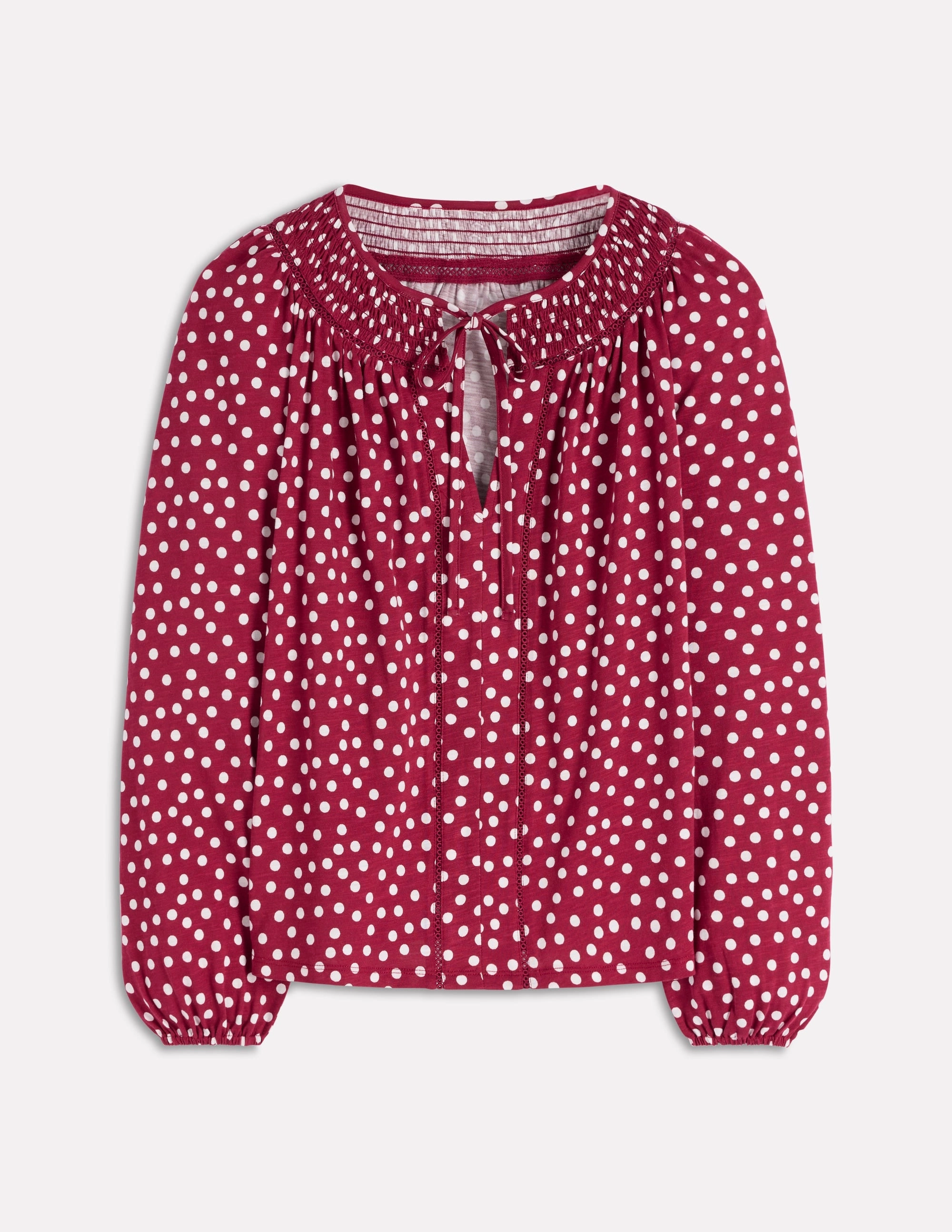 Winter Wardrobe Georgia Smocked Jersey Top-Chestnut, Ivory Painted Dot