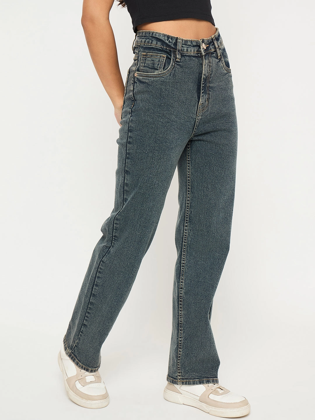 Madame Acid Wash Tinted Yellow Cotton Blend Jeans Comfort Fit Anti Snag Thread Technology