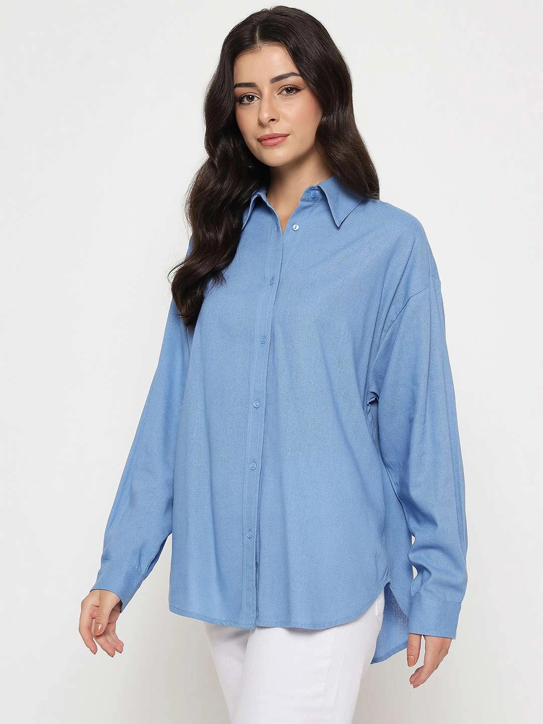 Madame Linen Blend Solid Cobalt Blue Shirt Low Maintenance Comfy Wear