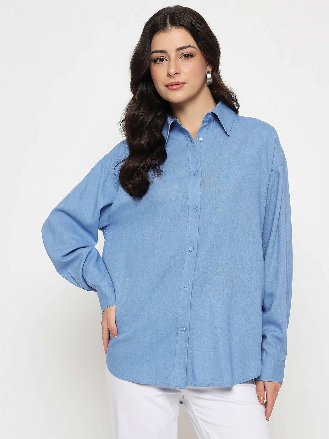 Fashion Forward Design Madame Linen Blend Solid Cobalt Blue Shirt