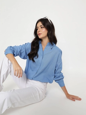 Madame Linen Blend Solid Cobalt Blue Shirt Trendy Fit
