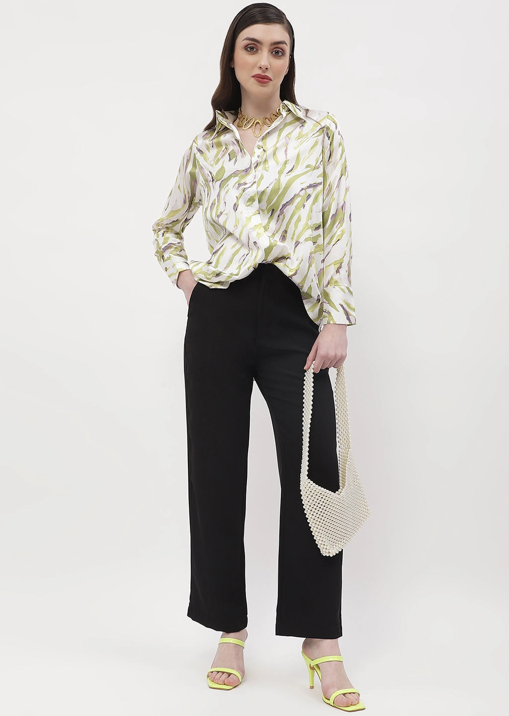 Madame Abstract Print Olive Green Regular Shirt Non Irritating Tags