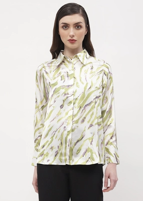 Madame Abstract Print Olive Green Regular Shirt V-neck style