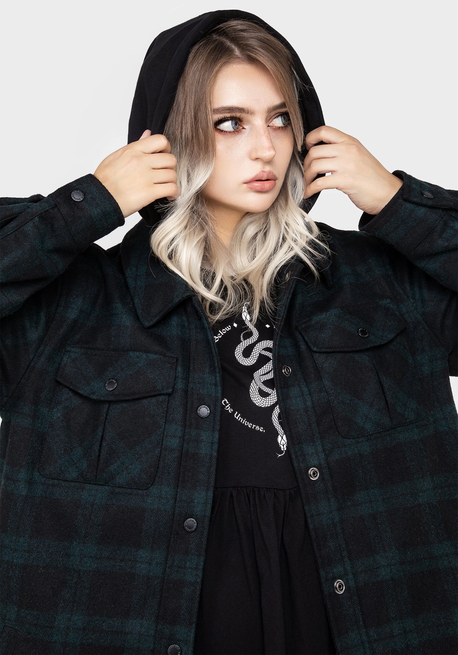 AllPurposeFastening AntiStaticFinish Trellis Hooded Pocket Wool Blend Check Shacket