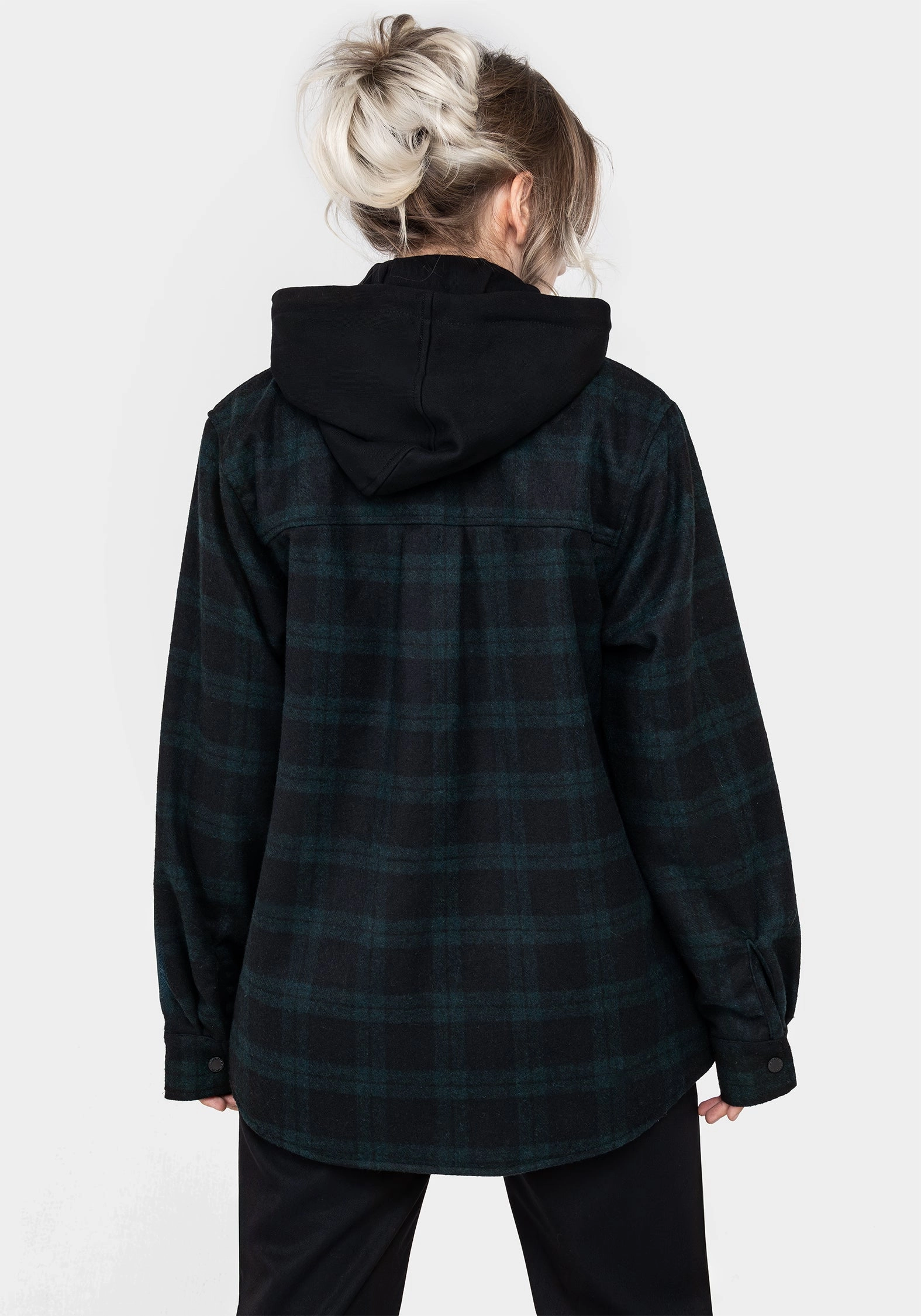Trellis Hooded Pocket Wool Blend Check Shacket Flat Lock Stitching Non Restrictive Fit
