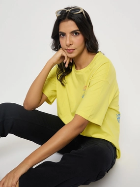 Madame Front and Back Graphic Print Yellow T-Shirt Fashion Layering Slim Waist