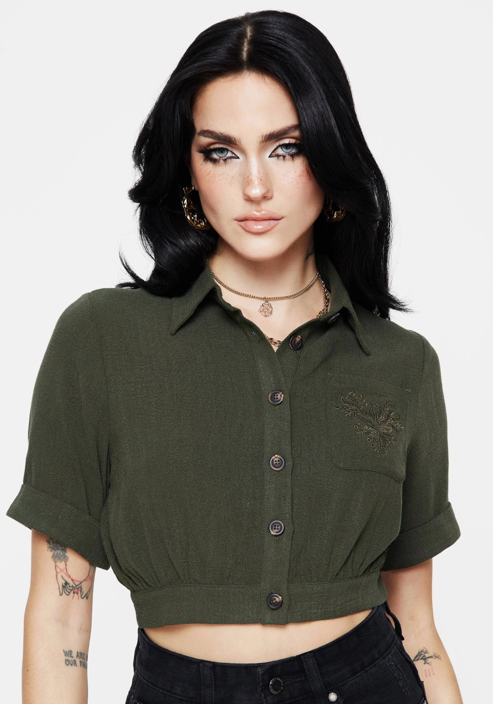 Foliate Linen-Blend Embroidered Short Sleeve Crop Shirt - Green Sheer Panel Cool Comfort