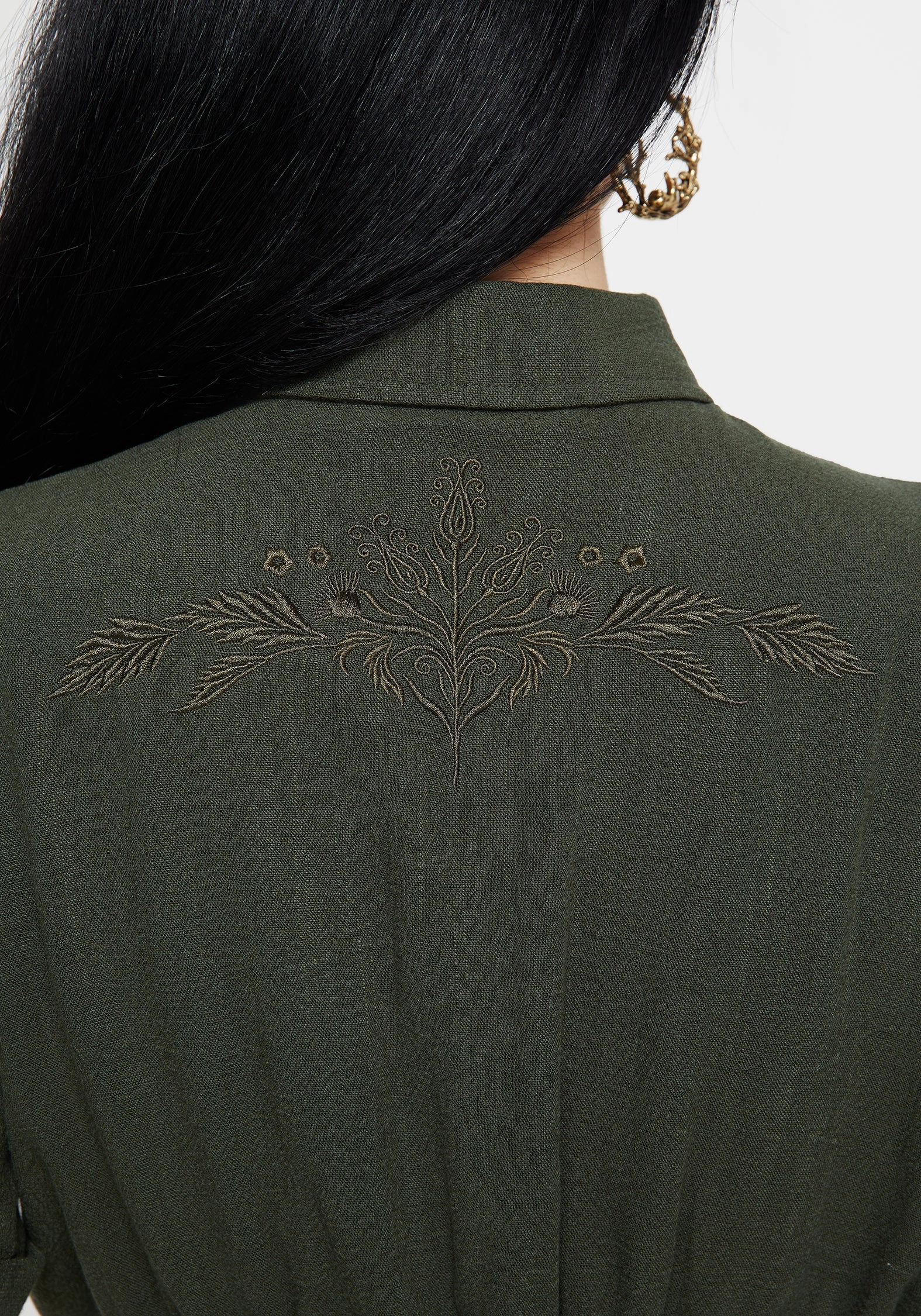 Wedding guest Tailored Cuffs Foliate Linen-Blend Embroidered Short Sleeve Crop Shirt - Green
