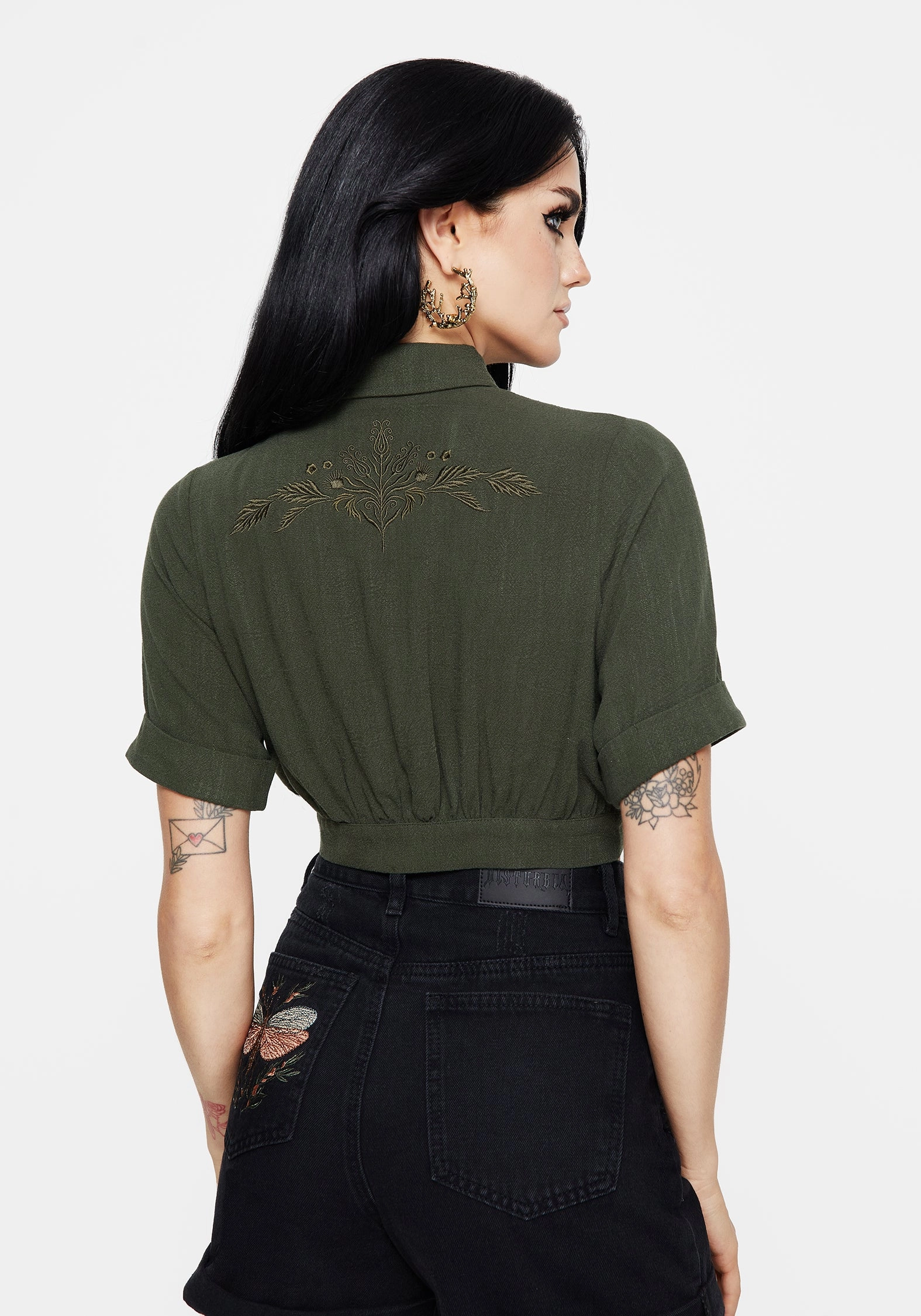 Boho chic Ventilated Back Foliate Linen-Blend Embroidered Short Sleeve Crop Shirt - Green