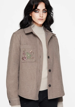 Clean Jacket Detail Cordelia Floral Frog Embroidered Pocket Front Shacket