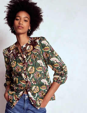 RibbedCuff Soft Material Corrine Cotton Top-Dark Green, Ornate Meadow