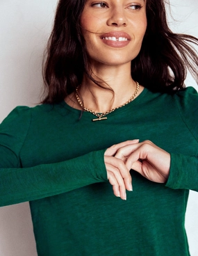 Stretch Comfort NonChafingTrim Cotton Crew Long Sleeve Top-Drake Green