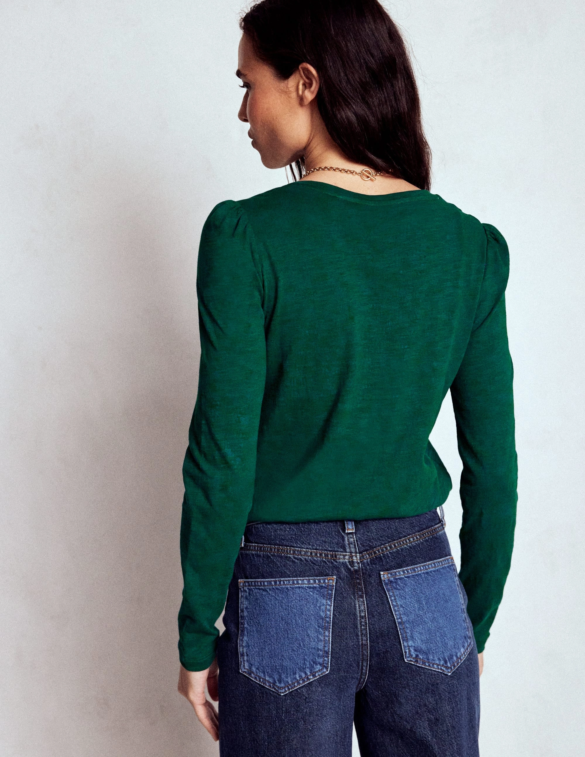 High Collar Design StretchFabric Cotton Crew Long Sleeve Top-Drake Green