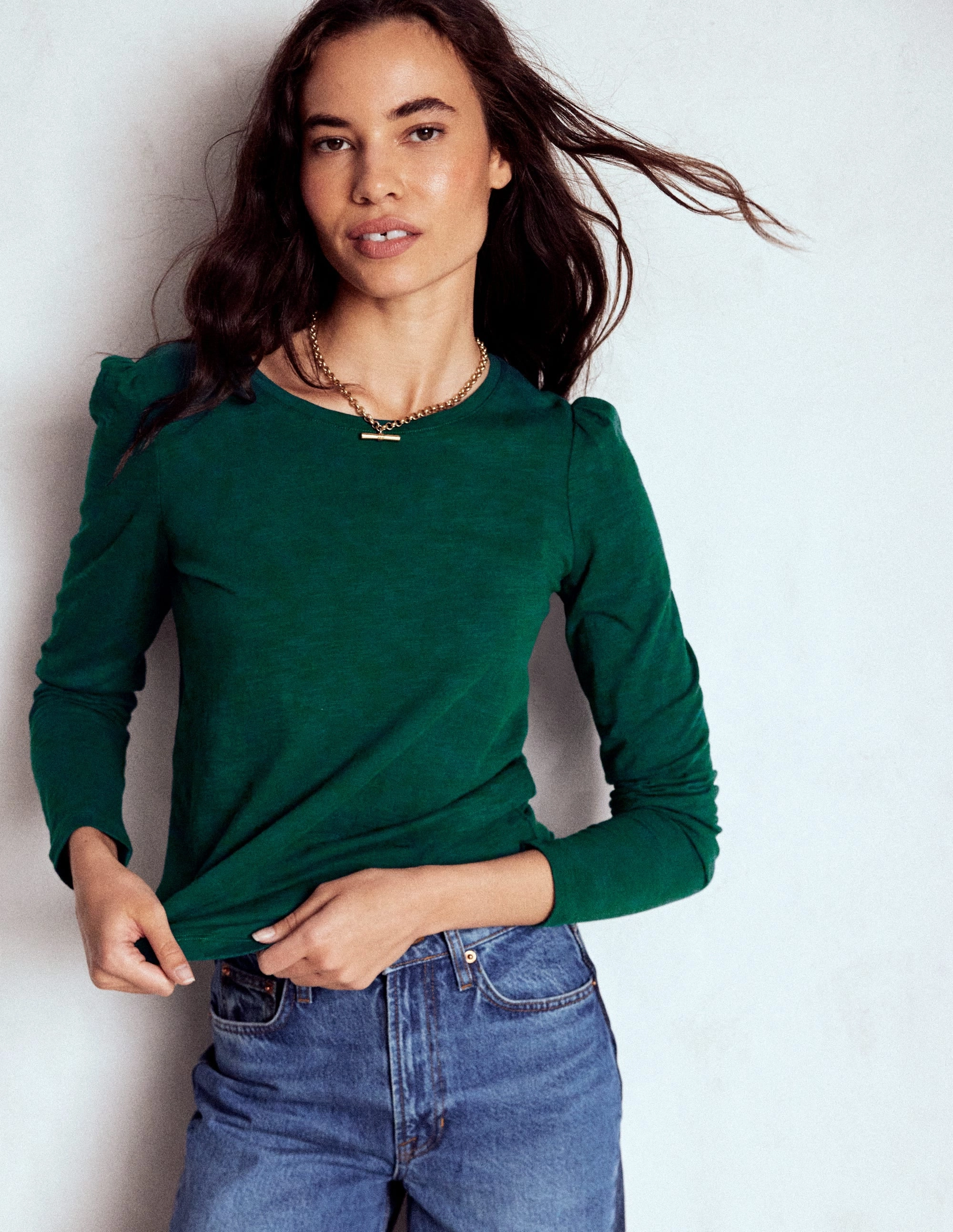 Cotton Crew Long Sleeve Top-Drake Green Flatlock Seams Tagless Neckline